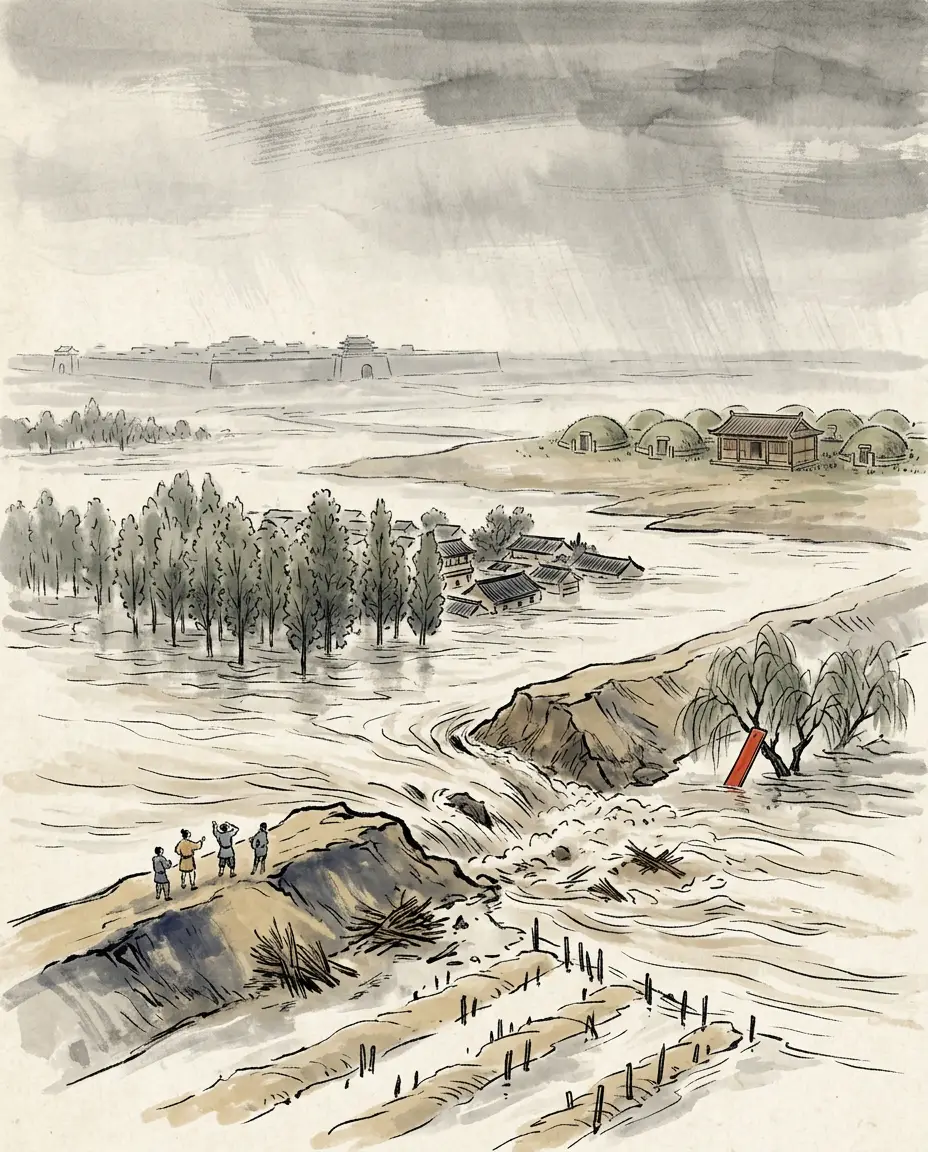 Panel 10: In the third year of the New, 11 CE, the Yellow River broke its bank at Wei commandery and ran over Qinghe and the commanderies east of it, and locusts came up in the commanderies along the water. Before this he had been afraid the flooding would reach the ancestral tombs at Yuancheng; when the river went away to the east, Yuancheng had nothing to fear from the water, and so, in his biography's own words, he did not close the breach.