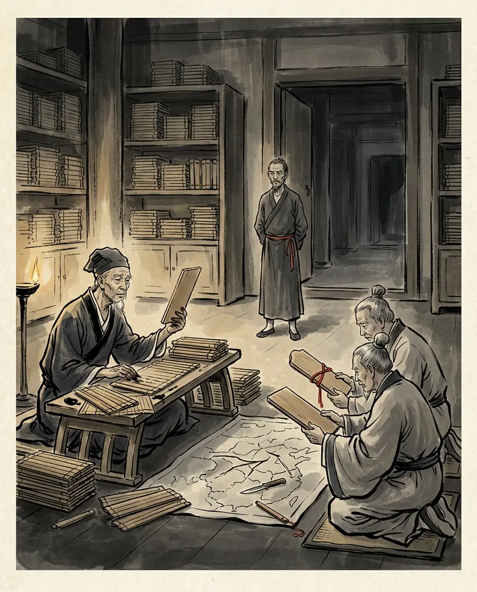 Panel 12: In 12 CE the titles of the empire's Eleven Dukes were revised: the character for new was replaced by the character for heart, and the character for heart was then replaced by the character for good faith — one sound, three writings, no change of referent. The commandery governors were renamed Great Instructors, Chang'an became Ever-Safe, Luoyang was proclaimed the eastern capital, and the provinces were redone as twelve out of the Documents and nine out of the Tribute of Yu, because the two classics disagreed and the emperor's edict said that dynasties change each other's arrangements and each has its reasons.