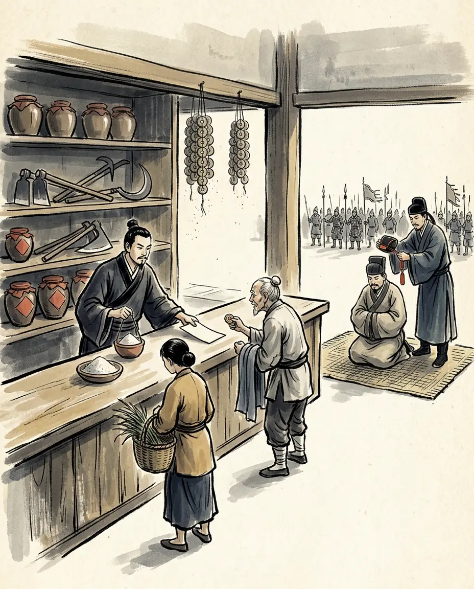 Panel 13: The monopolies were his own idea and the classics' words: the state sold the wine, the salt and the iron tools, cast the coin, taxed every taking from the named mountains and marshes, bought in the markets when things were cheap and sold when they were dear, and lent to the people at three in the hundred a month. The penalty for breaking the grips was death. When the governor of Jingzhou told him that the state had stretched its six grips over the mountains and the marshes and that the people were bandits because of the taxes, he lost his office.