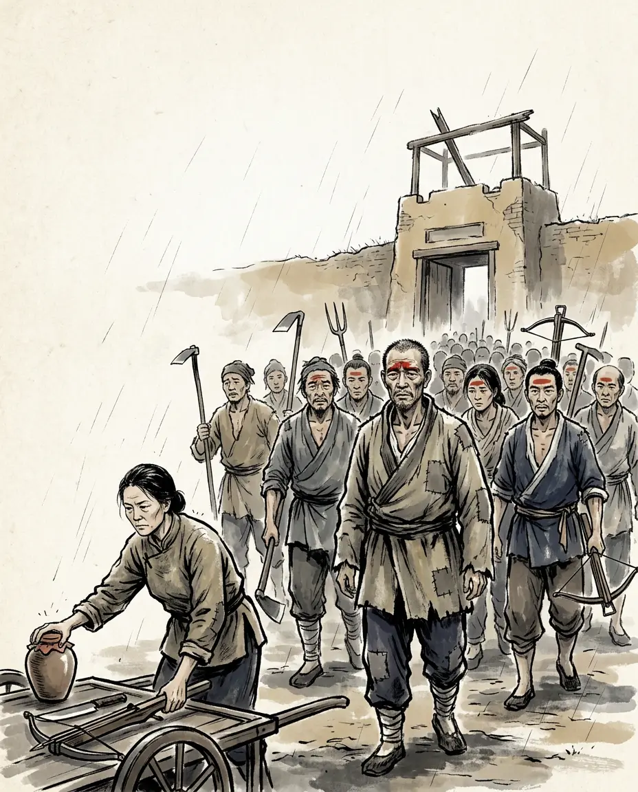 Panel 14: The first rising of the famine years was started by a woman. Her son was a clerk of Haiqu and the county magistrate killed him for a small offence, so she broke up her family's wealth, sold wine, bought knives and crossbows with the money, got a hundred and odd poor young men behind her, took the county, killed the magistrate and offered his head on her son's grave; the bravest of them called themselves the Fierce Tigers. Some years later the starving of Qing and Xu brought out the man history remembers: Fan Chong raised a hundred and odd men and reached ten thousand inside a year, and the armies sent against him could not beat them.