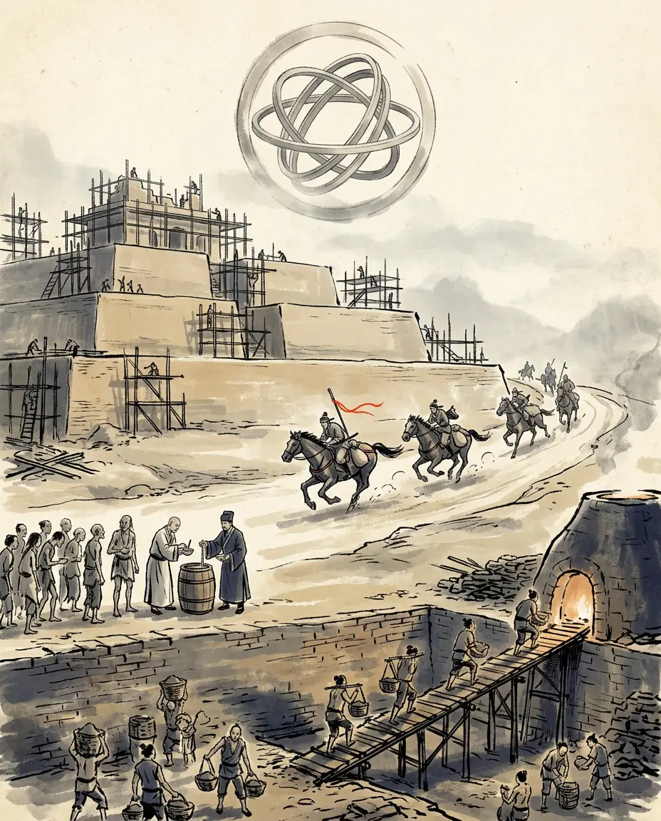 Panel 15: He answered the collapse with numbers and with names. The calendar was rebuilt on a cycle of thirty-six thousand years, so that the era was to be changed every sixth year, and the Renewal-of-Year general officer was re-created to match the mandate-texts, because, as the book says, it was meant to dazzle the common people and dissolve the bandits — and the crowd laughed. He set up five supreme commander offices and a paper order of battle of thirteen and a half million men, and the postal envoys criss-crossed the commanderies ten a day with no stored grain to issue them, so that horses were taken off the road out of the peasants. And he pulled down ten-odd imperial parks to fire their tiles for a nine-temple complex whose main hall was forty zhang on each side and seventeen zhang high; the labourers who died were counted in tens of thousands.