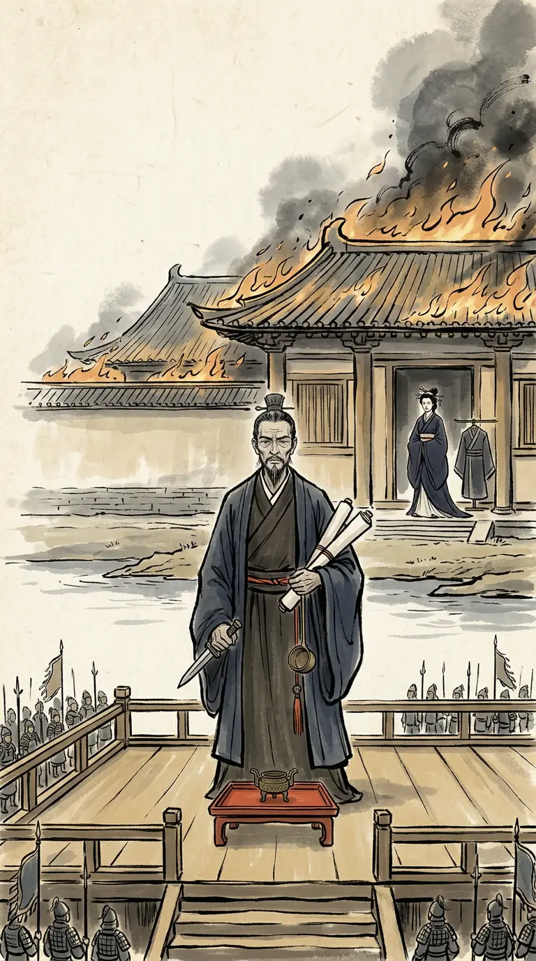 Panel 17: In the tenth month of 23 CE the troops came in by the Xuanping gate, the way the people called the gate of partings; a crowd of young men of the city set fire to the workshop gate and shouted at the tyrant to come down and surrender, and the fire ran into the consorts' quarters — where the woman who lived there was his daughter, the Han's empress, who had been given a new title under the New and had refused to wear it. He went out to the terrace in the palace lake with his mandate documents and his bronze Dipper still hugged in his arms, with a thousand and odd of his officers following, meaning to make a stand behind the water. A palace woman told the soldiers where he was.