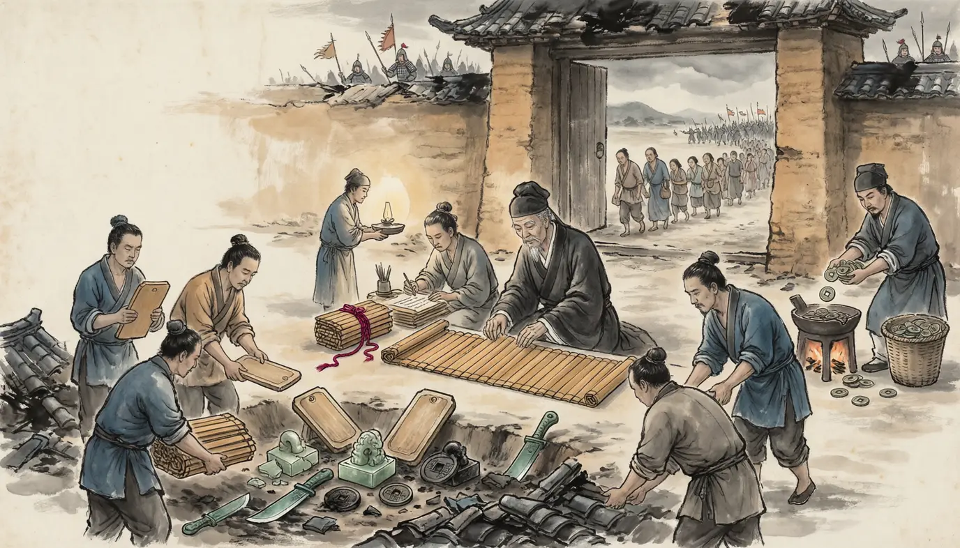 Panel 18: Ban Gu wrote the life a generation after the man died, out of the court's papers, and his verdict is the one this page is built on: Qin burned the Odes and the Documents in order to set up its own opinions; Wang Mang recited the Six Arts in order to embroider his wicked words; they came to the same end by the same road, and both to destruction. The Treatise on Food and Money gives the arithmetic underneath it — before Mang was killed, the empire's households and mouths were halved — and closes the business with a date-stamp: four years after the levy of the Pig-Rushing Band the Han troops killed Mang, and two years after that the restored dynasty washed away the vexing and the harsh, struck the five-zhu coin again, and began afresh with the world.