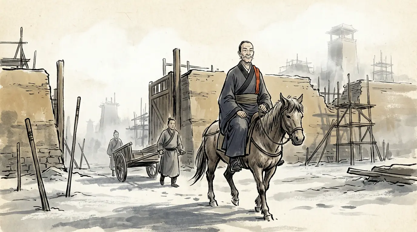 A man in a plain dark robe of the Han court riding a small horse through a half-built city gate at winter dawn, survey stakes and unfinished wall foundations behind him, no captives and no trophies in his train, Luoyang, 25 CE