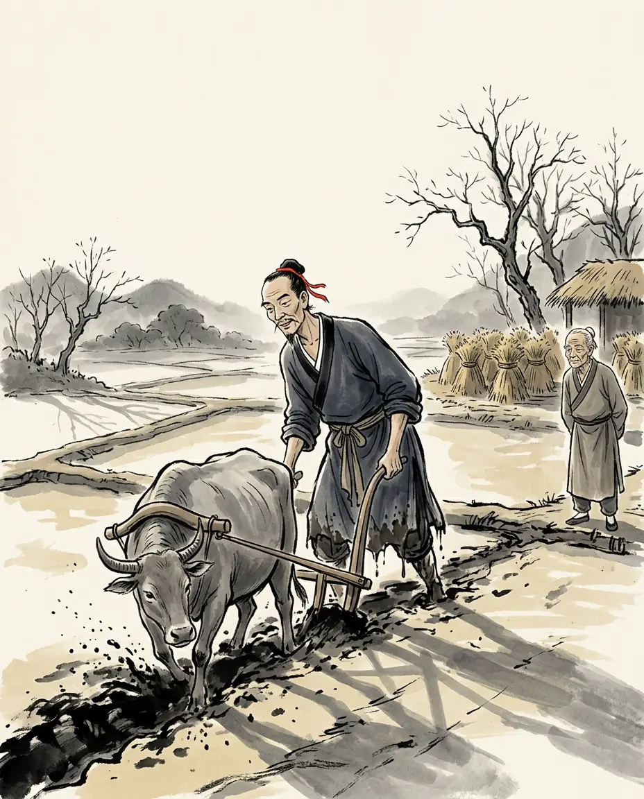 Panel 02: He was the ninth-generation grandson of the dynasty's founder through a king of Changsha nobody had counted on, and the son of a small county chief; his father died when the boy was nine and an uncle raised him. The annal gives him a tall man's height, fine whiskers, a large mouth, a prominent nose and a forehead like the sun. He minded the ploughs himself.