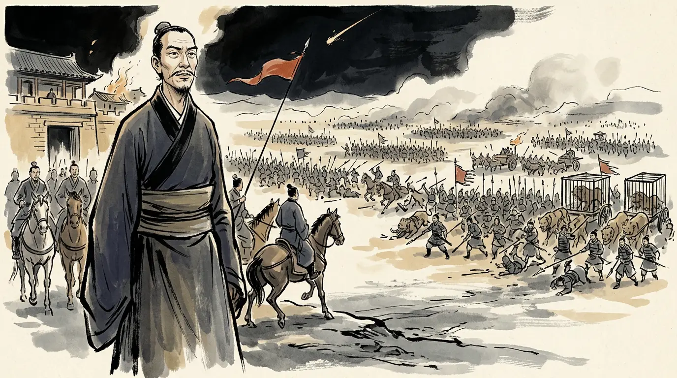 Panel 04: Wang Mang answered the loss of two armies with the last and largest host the dynasty could raise: a million marchers, forty-two thousand of them armoured, with officers trained by sixty-odd schools of theory, a giant a zhang tall, and tigers, leopards and rhinoceroses for the spectacle. Kunyang held eight or nine thousand men. In the sixth month of 23 CE Liu Xiu rode out at night with thirteen horse and came back with three thousand desperate men straight at the enemy's centre.