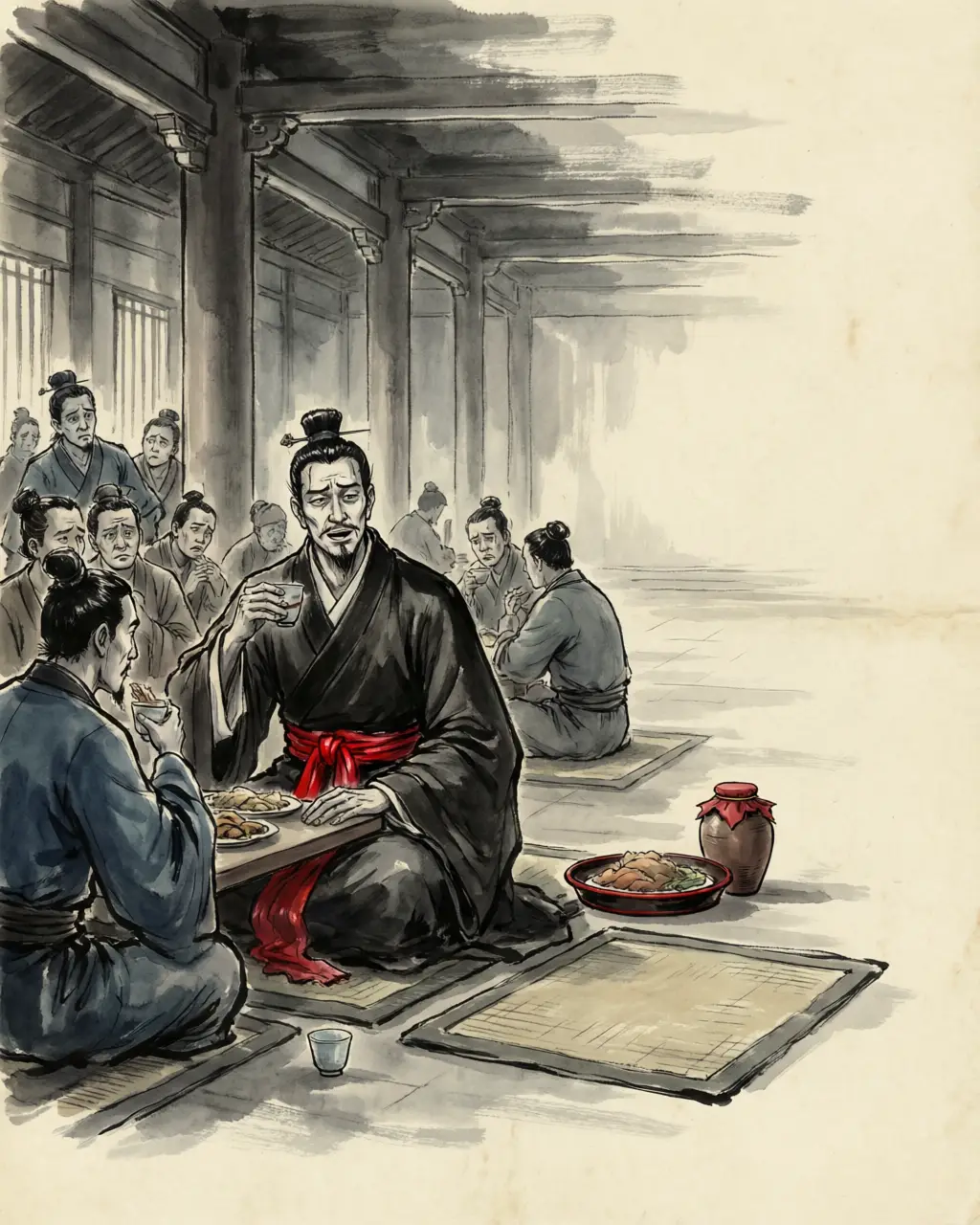 Panel 05: Within three months of Kunyang the emperor he was serving murdered his brother. Liu Xiu rode straight to the capital to apologize for it. He did not boast once about what he had done at Kunyang, he did not dare wear mourning, and he ate, drank and talked as he always had. His opponent was ashamed of it, and gave him a generalship and a marquisate.