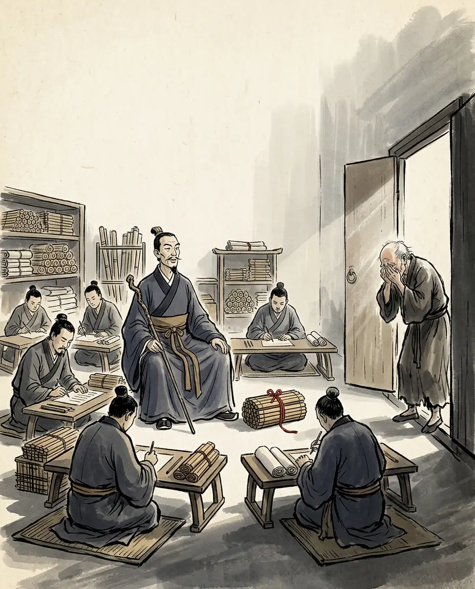 Panel 06: He did not found the restored Han on a battlefield. He founded it in an office. Sent ahead to prepare the eastern capital for the regime he served, he appointed staff, wrote the memoranda, and inspected in the old forms exactly as the old forms required — and men who had laughed at the rising's generals in women's jackets wept at the sight of a correctly filled desk.