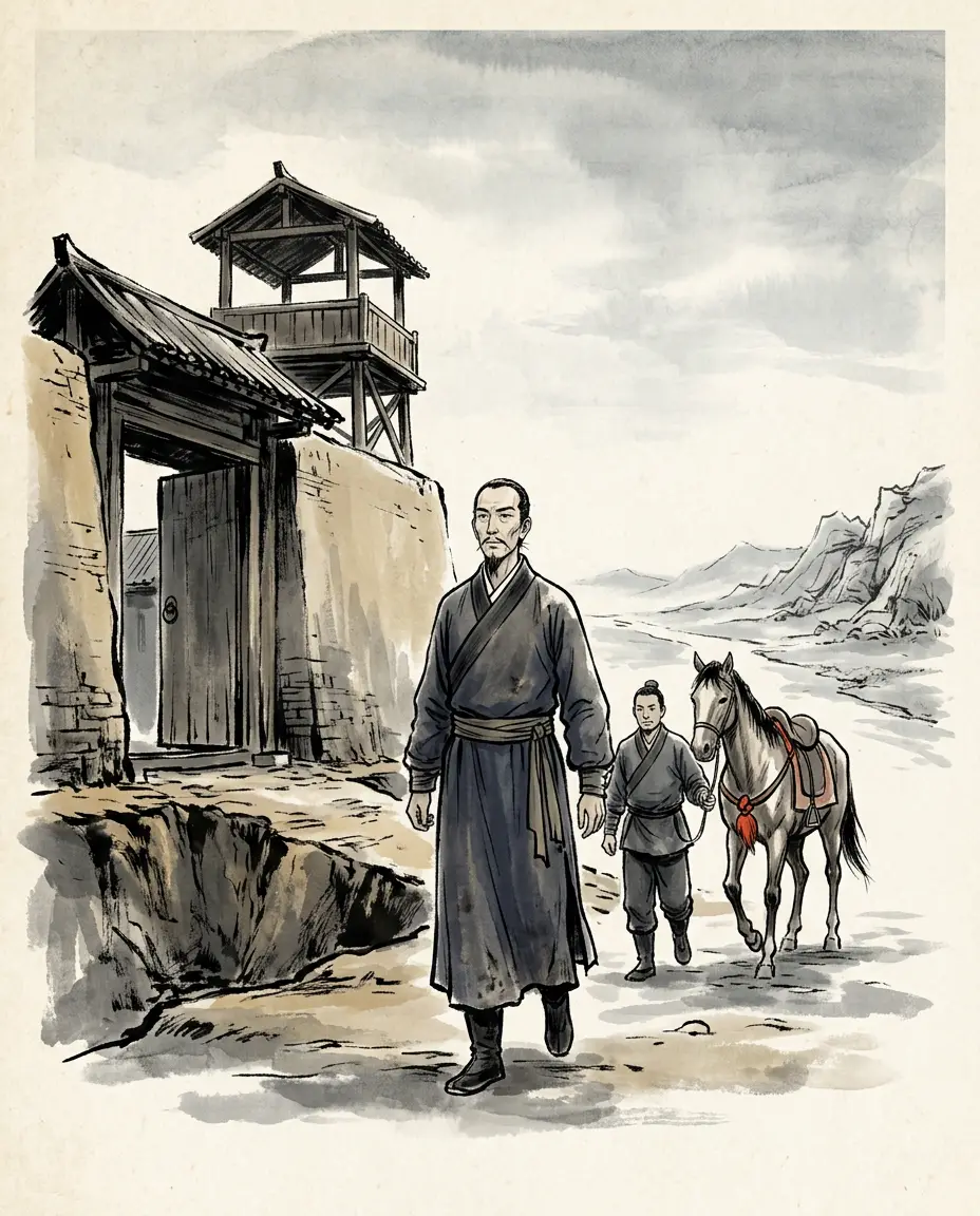 Panel 07: A fortune-teller was proclaimed at Handan as the surviving son of a former emperor, and the man he was meant to replace put out a warrant: one hundred thousand households for Liu Xiu's capture. He travelled by night and by day and dared not enter any town, eating at the roadside; at Raoyang he walked into the post-house calling himself the Handan envoy, and got out again by walking slowly.