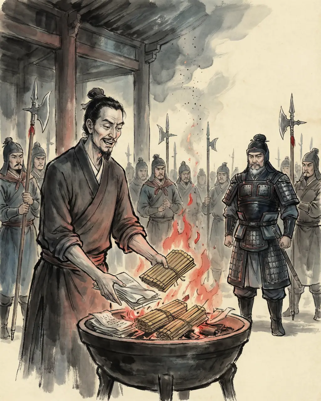 Panel 08: Handan fell in the fifth month of 24 CE, and his clerks pulled out the archive: thousands of letters from his own officials and gentlemen of Hebei, written to the other side, most of them insulting him. He did not open one. He had them all burned in front of the assembled generals.
