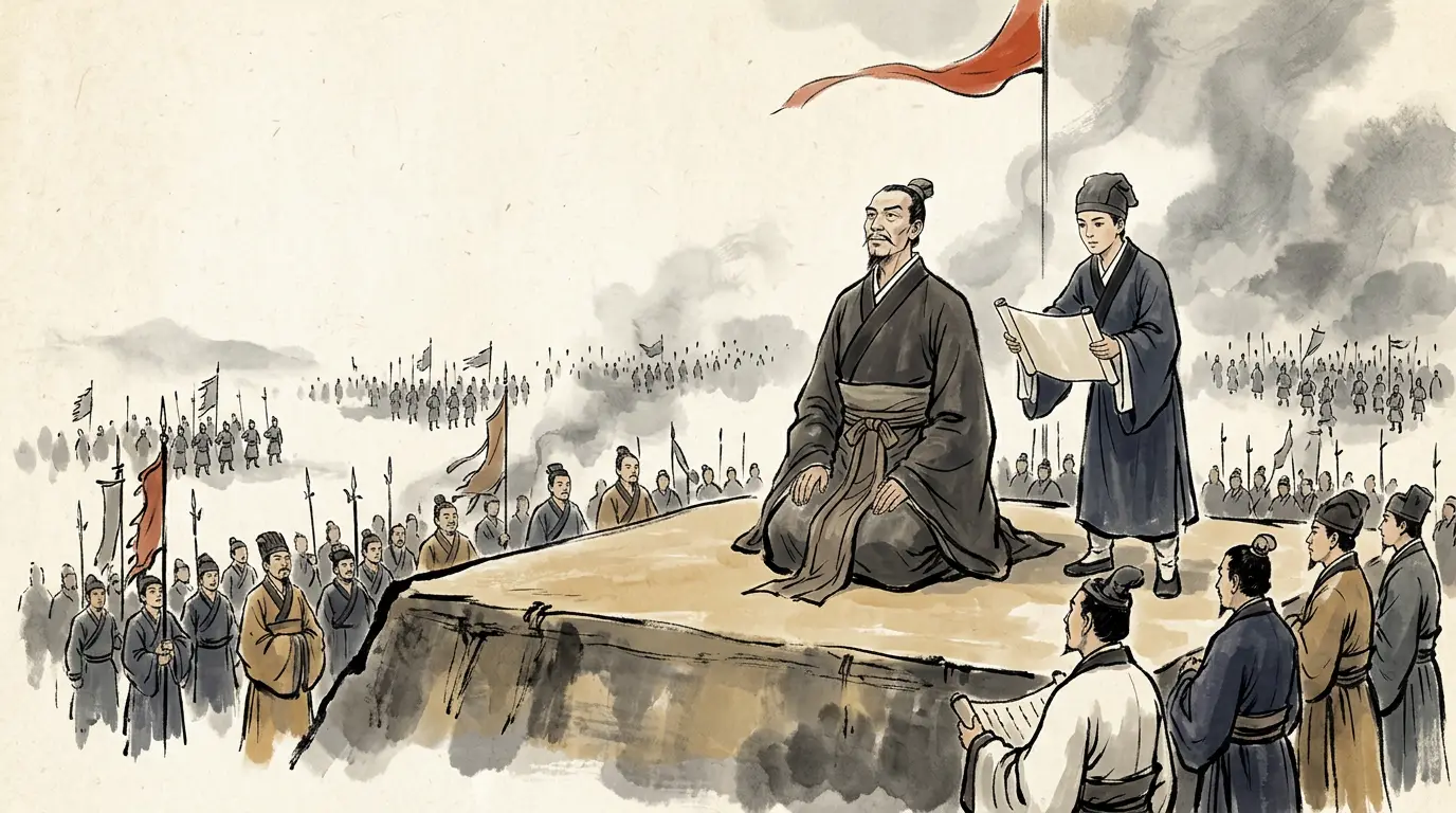 Panel 09: At Hao a man who had once shared a college room with him in the capital rode out of the pass with a prophetic book in his hand: Liu Xiu raises troops to arrest the unprincipled, the four barbarians gather like clouds and dragons fight in the fields, at the four-and-seven moment fire is master. On a day marked ji wei in the sixth month of 25 CE he built an altar south of Hao and told Heaven he was taking the empire.