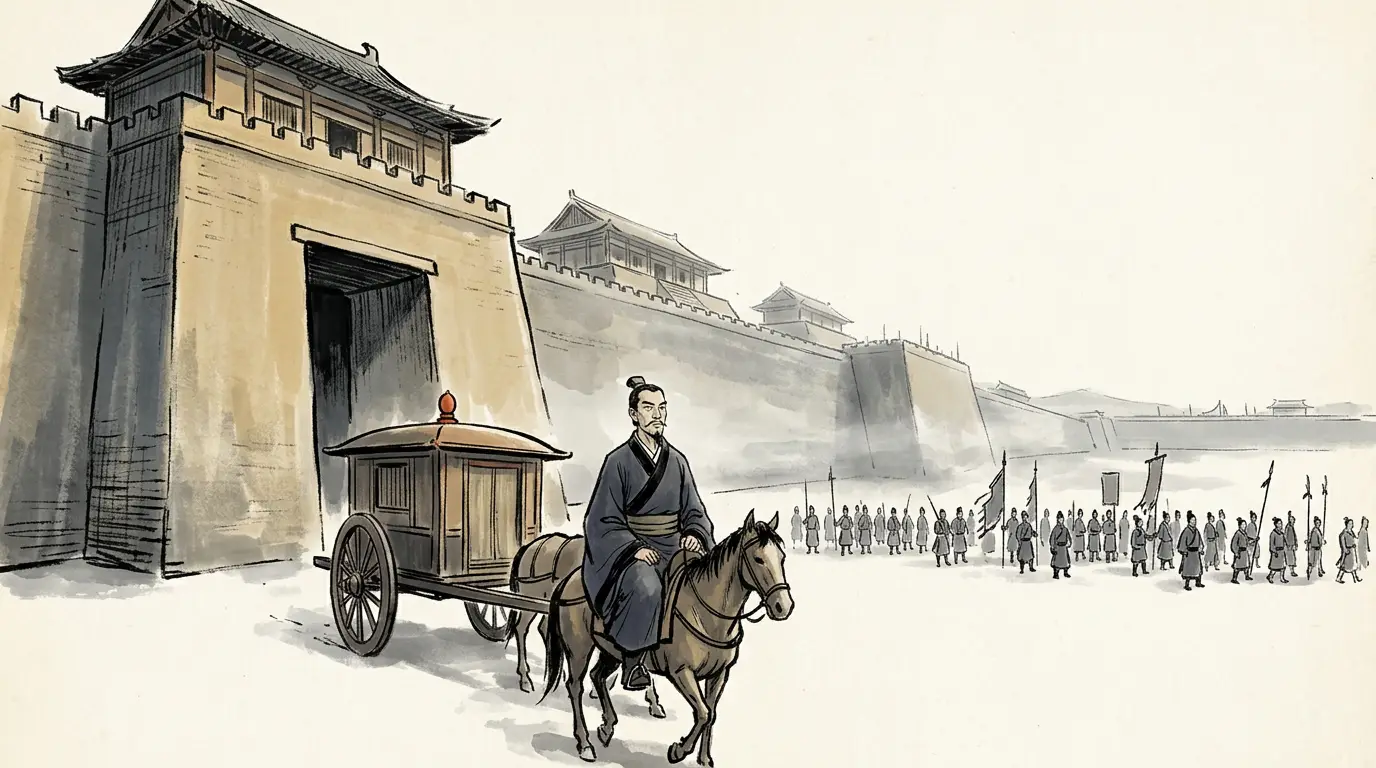 Panel 10: The founding of the eastern capital takes one sentence in the emperor's own annal: in the winter, in the tenth month, his carriage entered Luoyang, he lodged in the Quefei hall of the southern palace, and it was settled as the capital. He was thirty-one by the arithmetic of his own record, and he never went back to Chang'an to live.