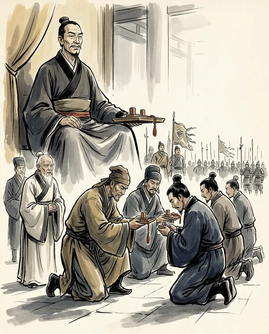 Panel 11: In the first month of 26 CE he made every one of his captains a marquis, and the greatest of them the lords of four counties — four times the size an old schoolman thought lawful. He warned them in the same breath that a man satisfied is a man ruined, and told them to be as one who looks down into an abyss and walks on thin ice.
