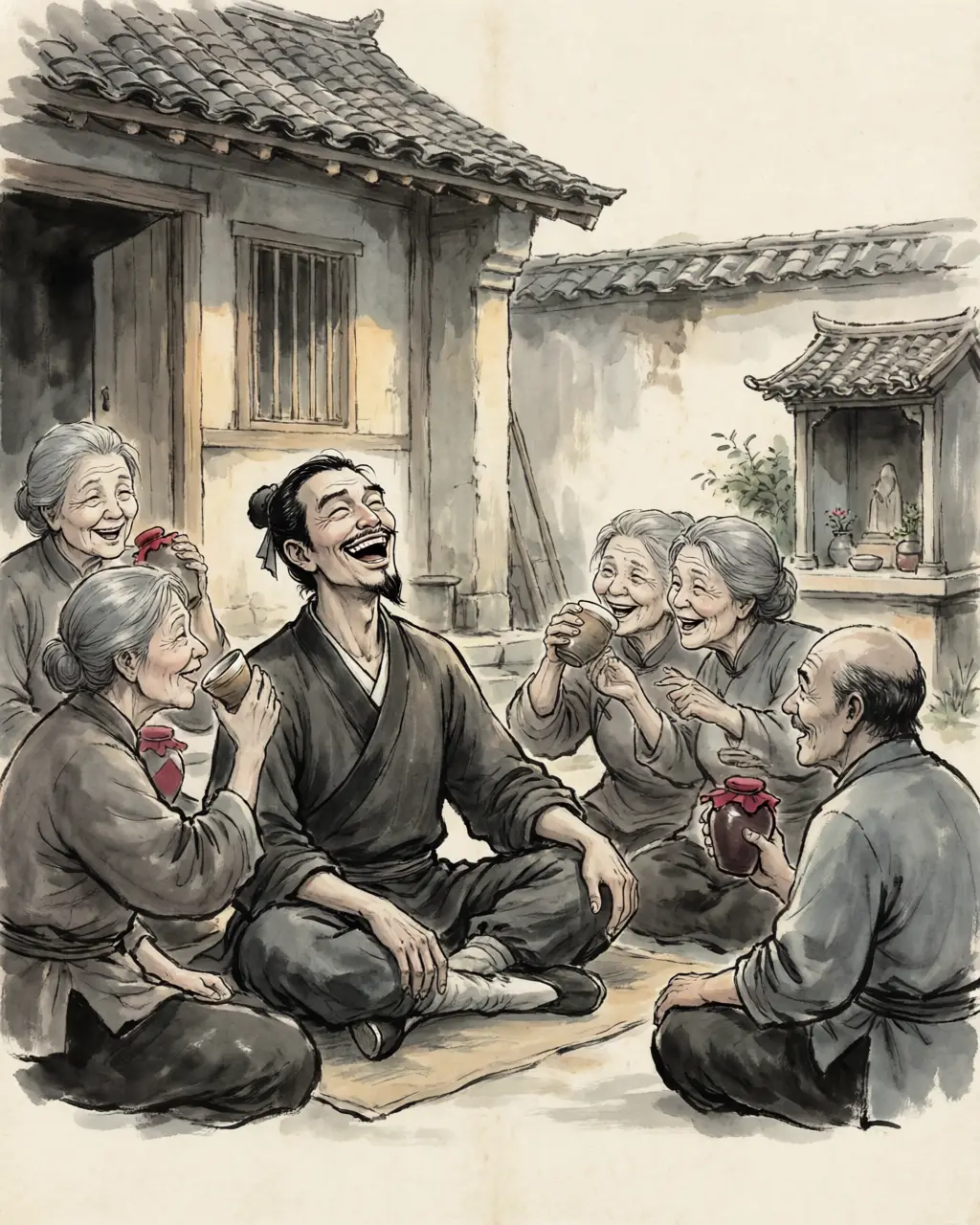 Panel 14: He went back to the village where he had grown up in the spring of 41 CE, repaired the garden and the temple, sacrificed at the old house, and sat drinking with his own people. The aunts who had brought him up got merry and said: when Wen Shu was young he was careful and honest, cold to other people, nothing but plain and soft — and now he has come to this. He laughed out loud and said what he meant.