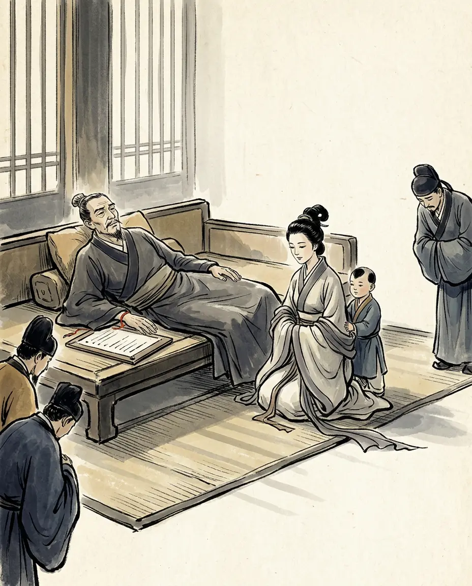 Panel 18: He died in the second month of 57 CE in the front hall of the southern palace, sixty-two by his own annal, and left the empire to the son Lady Yin had borne him. His historian found the man worn out with war and knowing that the world was spent, and having after the pacification of Long and Shu never spoken of military affairs again unless something pressed.