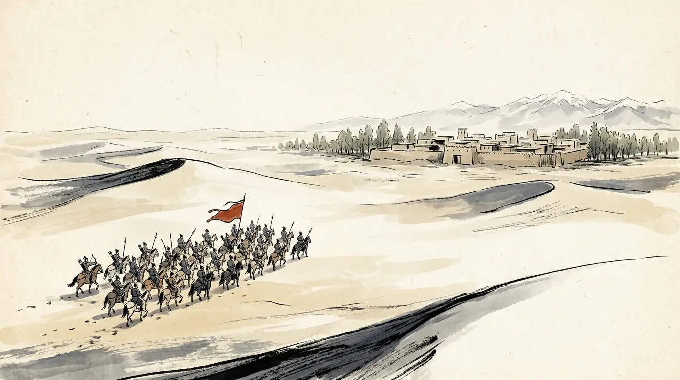 A small troop of Han cavalry with a single vermilion banner riding into the glare of a Tarim Basin oasis town ringed with mud-brick walls, poplars and a distant snow range, 73 CE