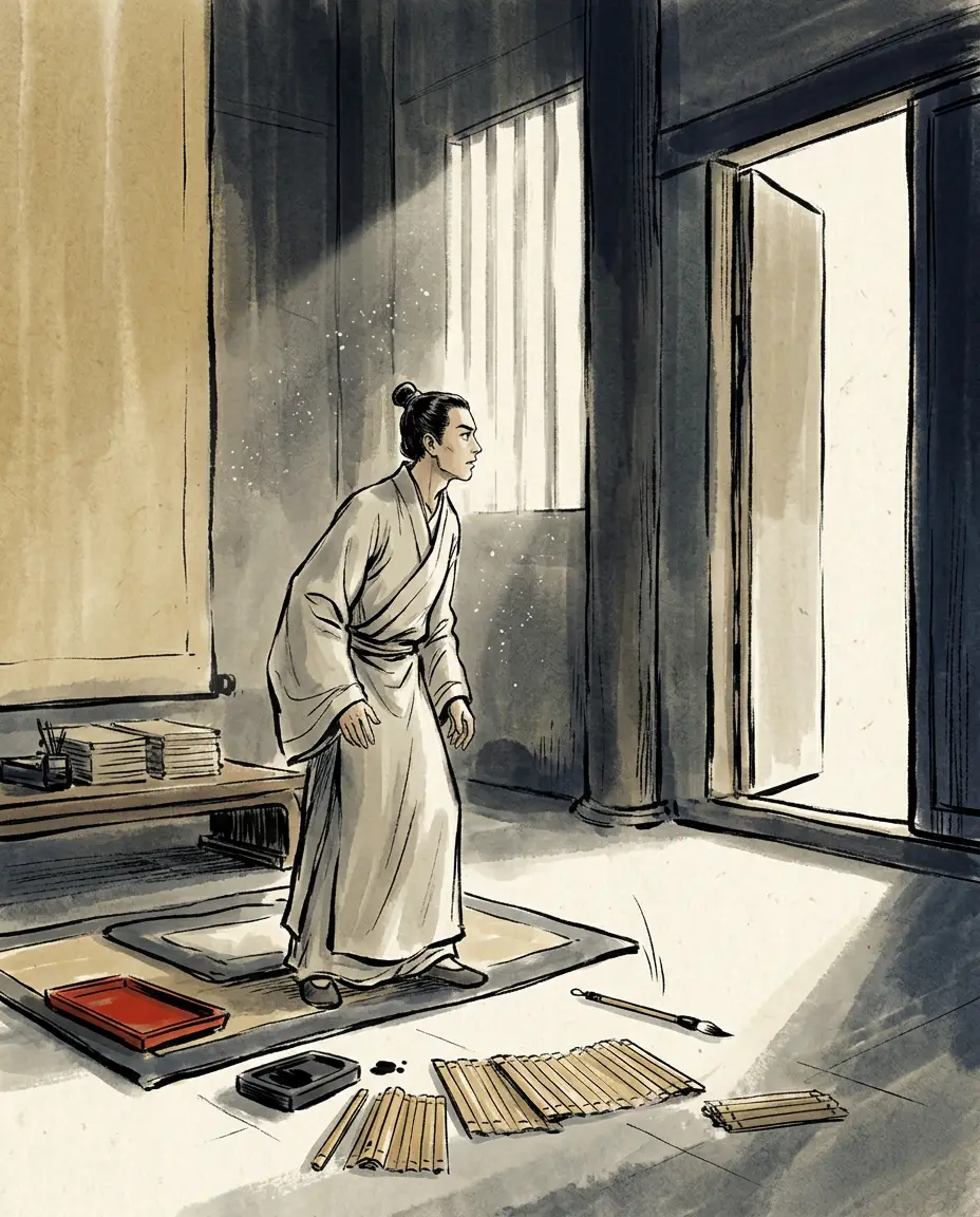 Panel 02: In the capital, Ban Chao was a copy-clerk. He had buried his poverty young, copying documents for pay so his mother would want for nothing — until one day he threw down the brush and said what a man with no other plan should say.