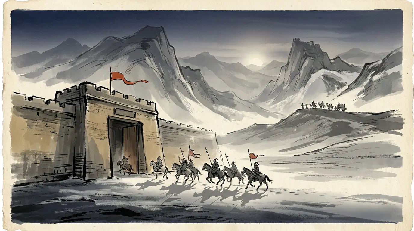 Panel 03: In 73 the General of Chariots and Cavalry sent four columns out of the Jiuquan and Zhangye passes and reached beyond the sands. Ban Chao was given thirty-six men, and an order to carry Han's summons to the oasis states that had taken the Xiongnu's tribute again.