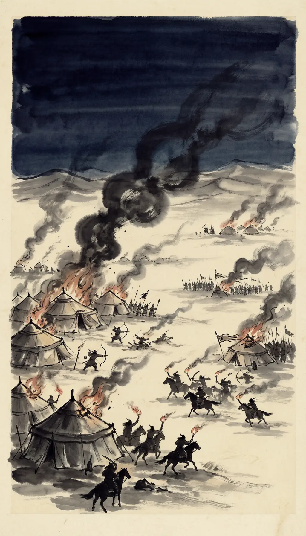 Panel 04: At Shanshan the Xiongnu's envoys came and were entertained. Then word came that thirty-odd more barbarian guests had arrived — and Chao's thirty-six men were drinking in the same camp as the Xiongnu. He knew the king of Shanshan would decide by which guest looked stronger. That night the wind rose, and Chao gave the order.