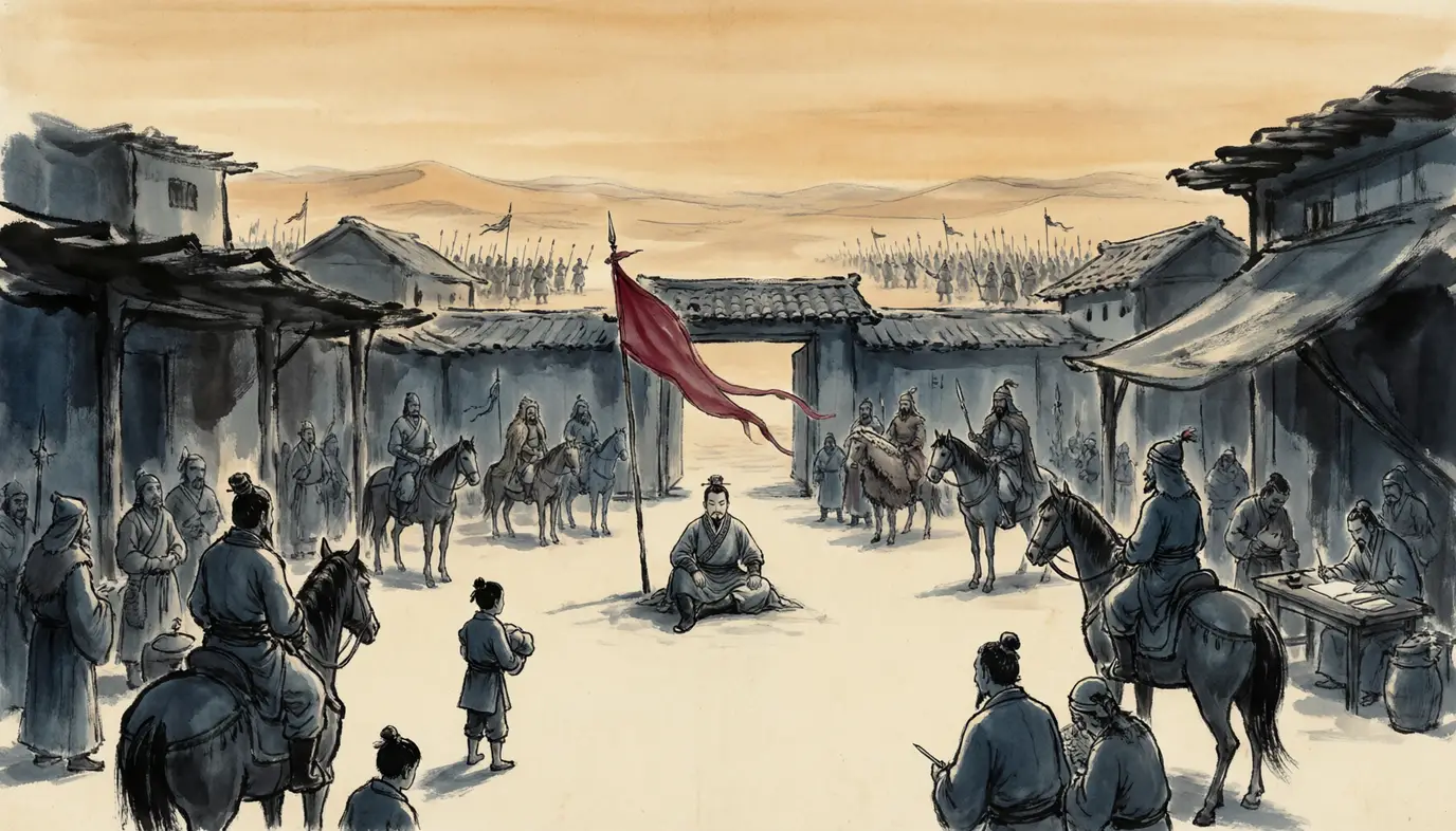 Panel 06: Chao's rule west was a thin and violent thing: no army to keep, no treasury to draw on, no word obeyed unless it arrived before the next Xiongnu horse. He deposed kings, collected hostages, and paid his troops with what the oases could give.