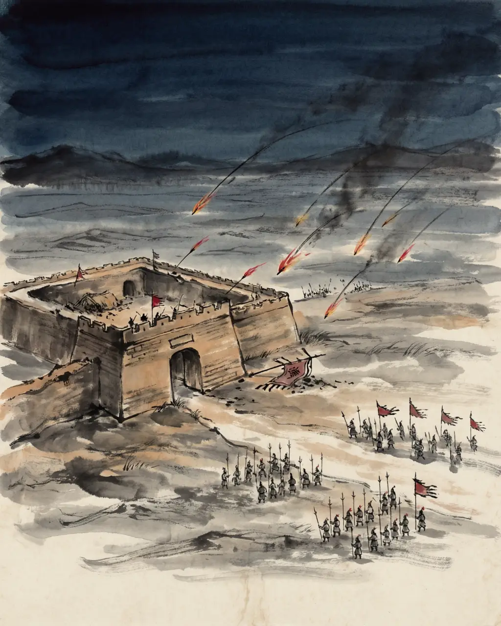 Panel 07: In 75 the emperor Ming died, and the west came apart. The Xiongnu rode west; the king of Kucha with Kucha's help overran and killed the Protector-General Chen Mu; and the garrison at Shule wanted to send Ban Chao east, out, home.
