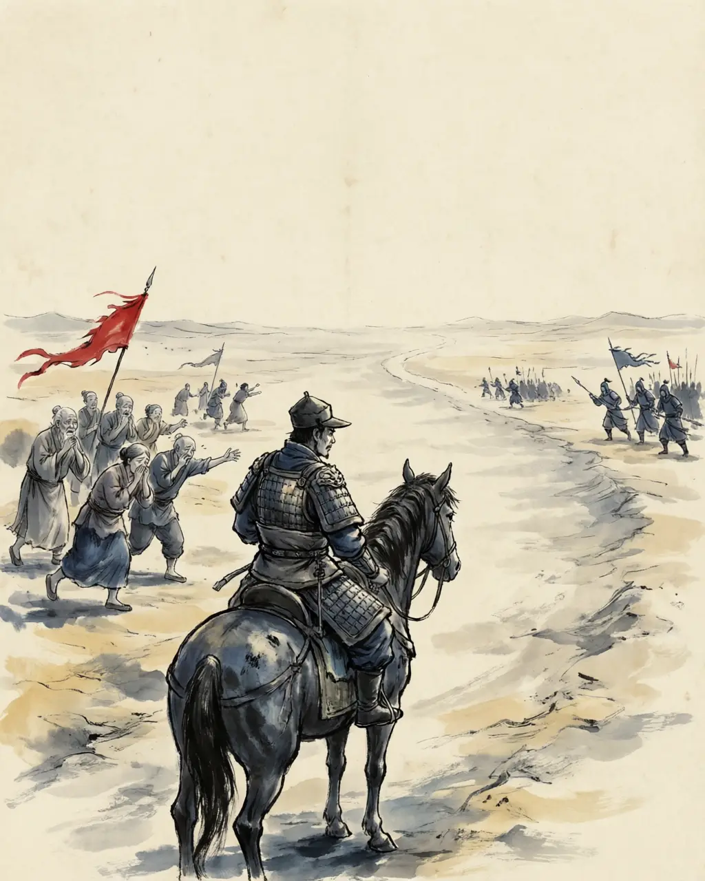 Panel 08: The road out was one day long. The men of Shule came back to him weeping — with the Xiongnu at our backs, where do we go? — and that night Ban Chao turned his horse about and went back into the one province of the west he held with nothing but his own name.