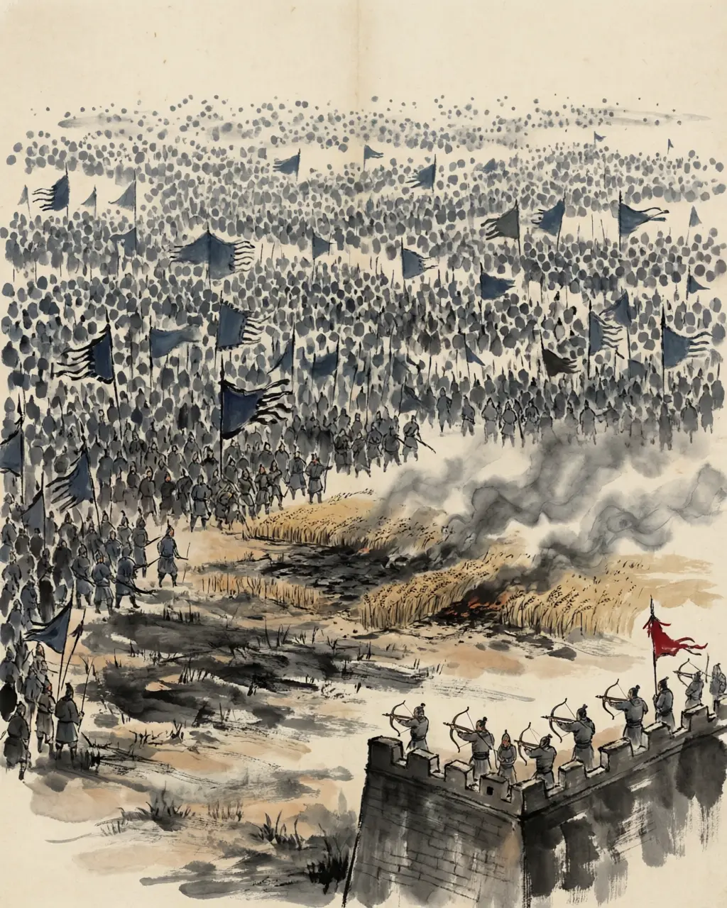 Panel 09: In 90 the Great Yuezhi came up against Kucha with seventy thousand men and a subordinate king of theirs leading them — the same power that reached the sea by way of Bactria. Chao would not give them a battle. He burned the standing grain outside the walls, kept his men shut in and would not answer a challenge, and let their food give out before them.