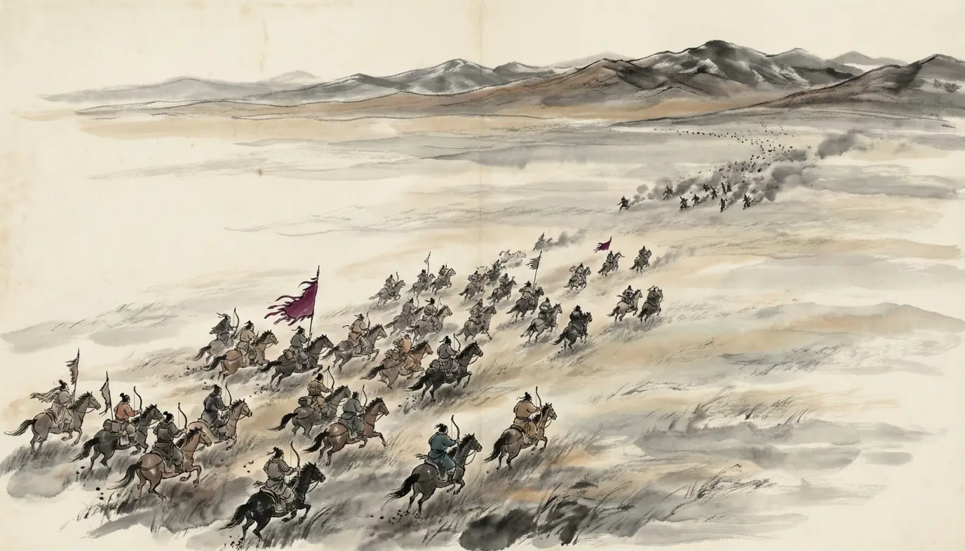 Panel 10: Meanwhile the steppe itself was being settled from the east. In 89 the Grand General Dou Xian rode out of the northern border forts and over the Altai with Han, Southern Xiongnu, Di and Qiang horse five divisions deep, and hunted the Northern Court's chanyu across the great sands.