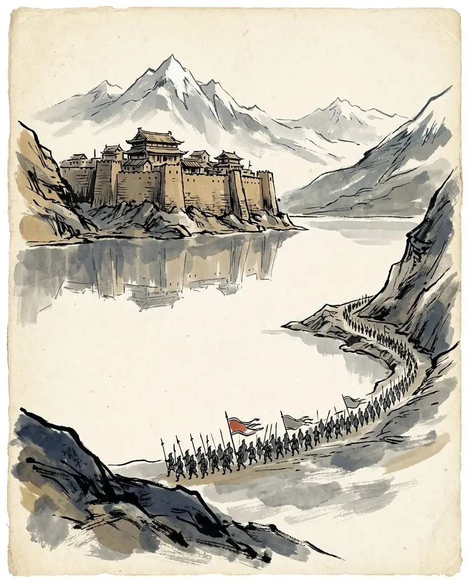 Panel 11: In 91 the court made Ban Chao its Protector-General of the Western Regions and gave him a marquisate. Three states thought themselves out of his reach — Yanqi, Weixu and Yuli, who had killed his predecessor — and closed their gates and counted on the distance, the sands, and the season. He came in the spring, with the garrison's men and the oases' levies behind him.