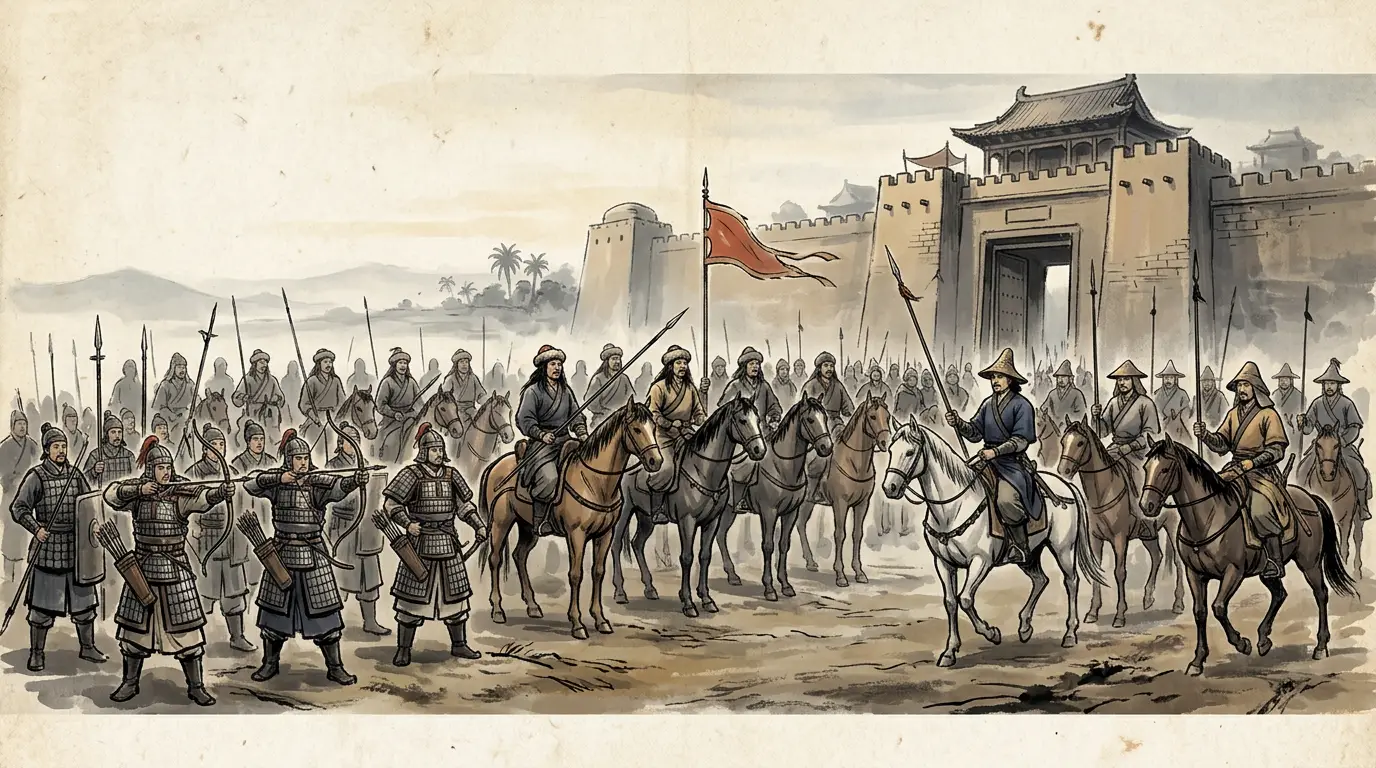 Panel 12: For the last four years of the work, Chao's army was not a Han army at all. In 94 he marched with the garrison's Han retainers, the levies of Kucha and Shanshan, and borrowed Kangju horse from across the Pamir, and took in one after another the states that had counted on distance and the Xiongnu's name.