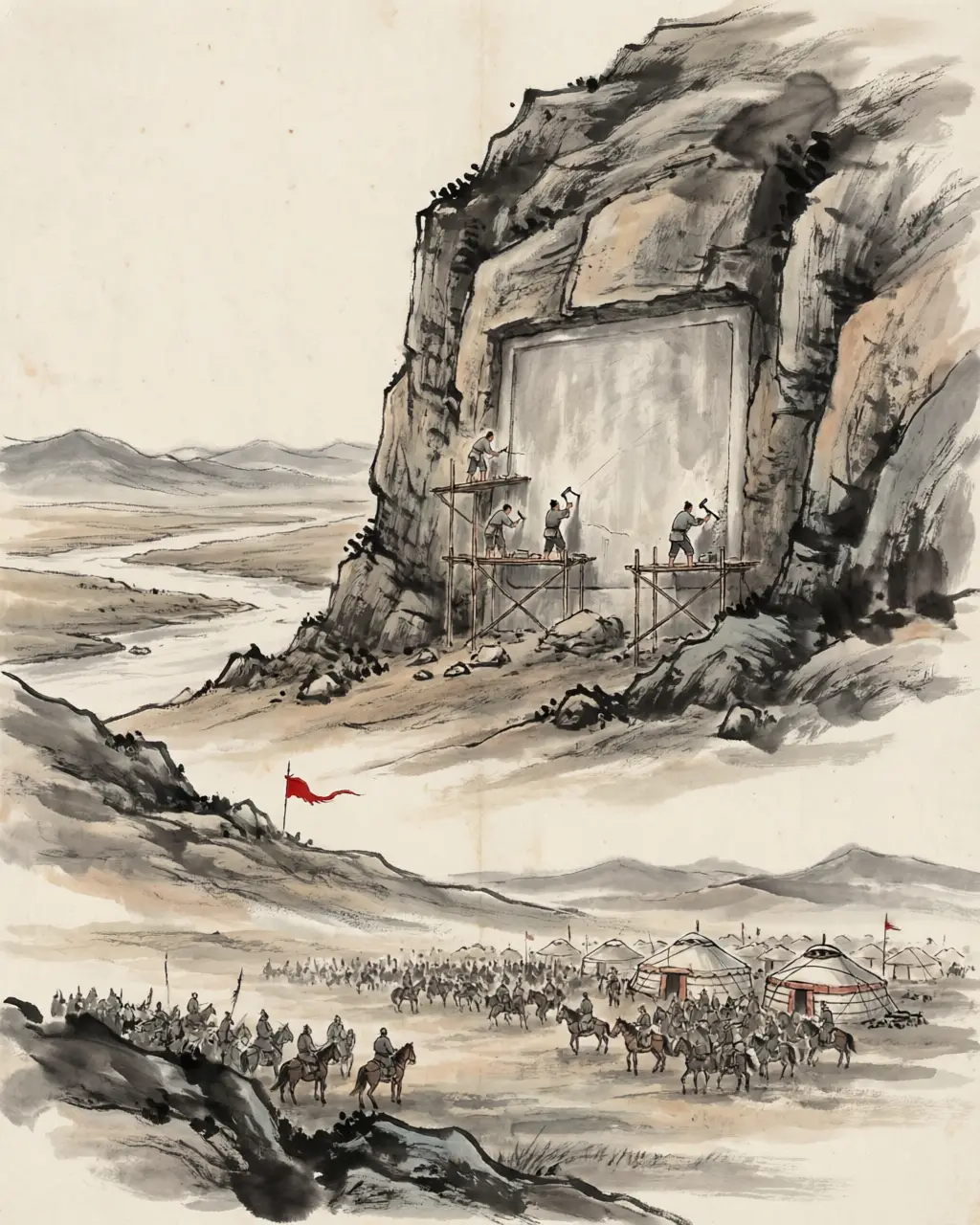 Panel 13: It was Ban Chao's historian, Ban Gu of the Han Annals, who wrote the words at the Yanran Mountain — the campaign's stone, the one thing that outlived every man standing in front of it.