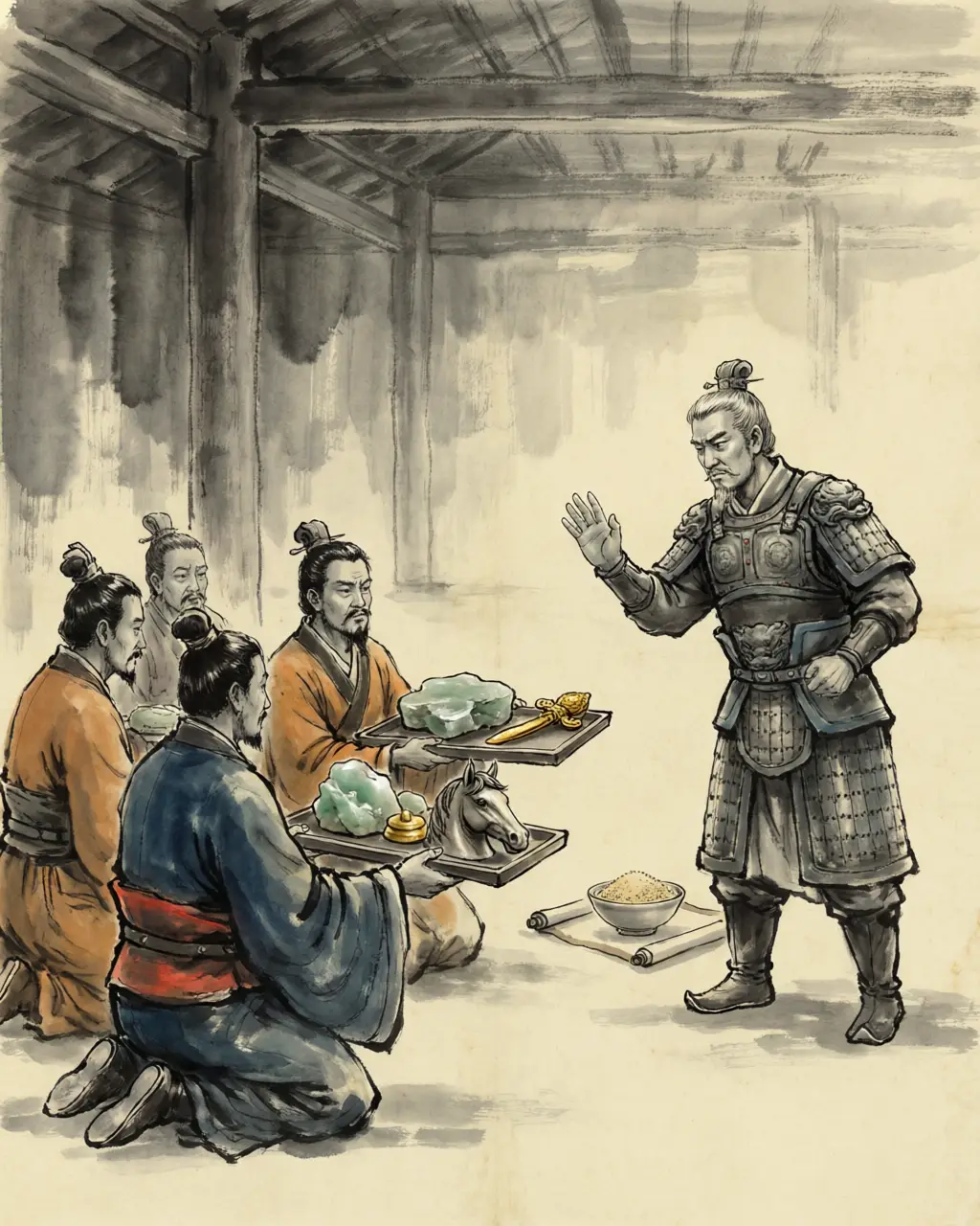 Panel 14: The submitted west sent its treasures east: Khotan's jade, Dayuan's horses that sweat blood, gold of lands Han had never counted. A later saying has Ban Chao scorn it all — he would rather, they say, have the foxes and rabbits of his own country than the gold and jade of foreign lands. His biography does not carry the line.