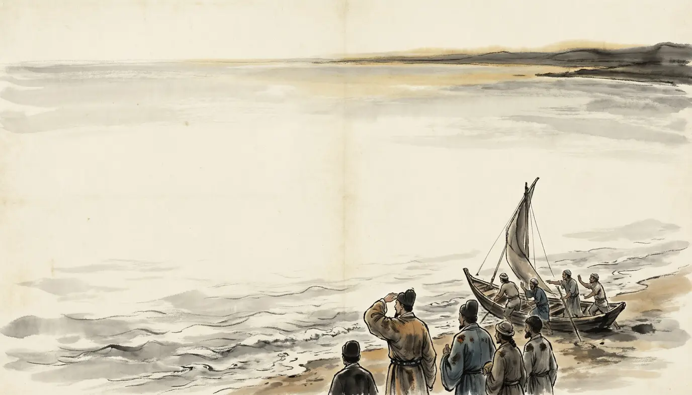 Panel 15: In 97 Ban Chao did the thing no Han man had done: he sent his subordinate Gan Ying west past all the states of the inner lands, to reach Da Qin — the Roman empire — in person. Ying came to Tiaozhi, on the shore of the Western Sea, and had a boat in his eye when the Parthians got there first.