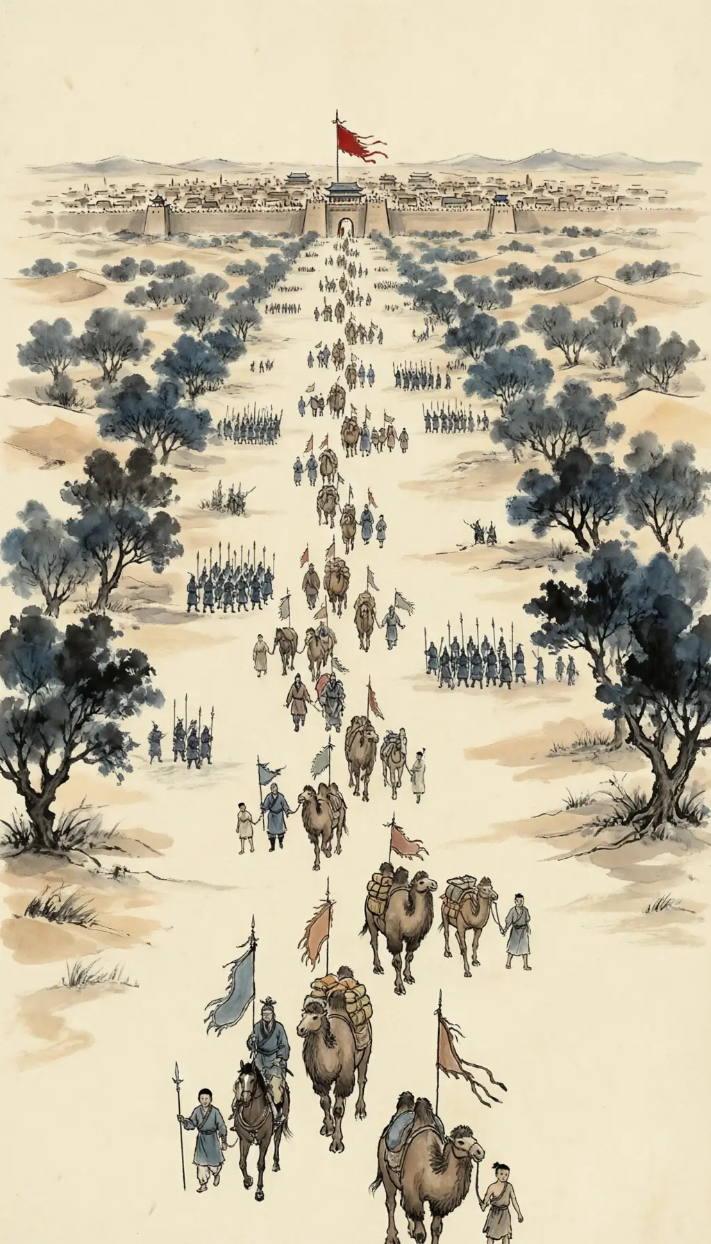 Panel 16: By 97 the road that had been closed for sixty years was open all the way to the sea, and the states of the Western Regions — fifty of them, counting the lanes — paid their tribute in to the garrison at Chao's seat in Kucha. That year Han sent its envoys west; no Chinese embassy ever came nearer to the Mediterranean before the Roman empire fell.