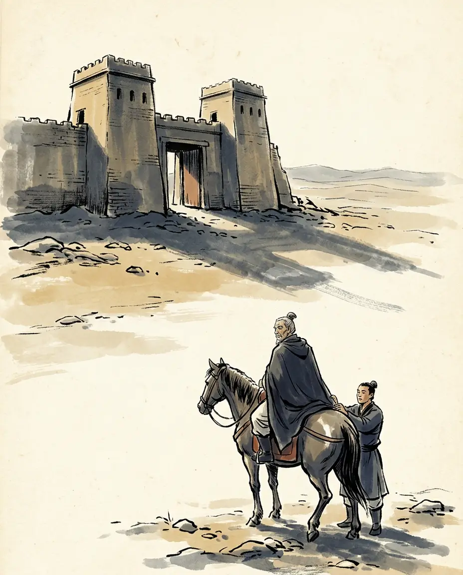 Panel 17: In 102 Ban Chao was seventy-one and his thirty years were out of date: he asked to be sent home. The line of his request became the line every man on the far side of the road knew by heart.