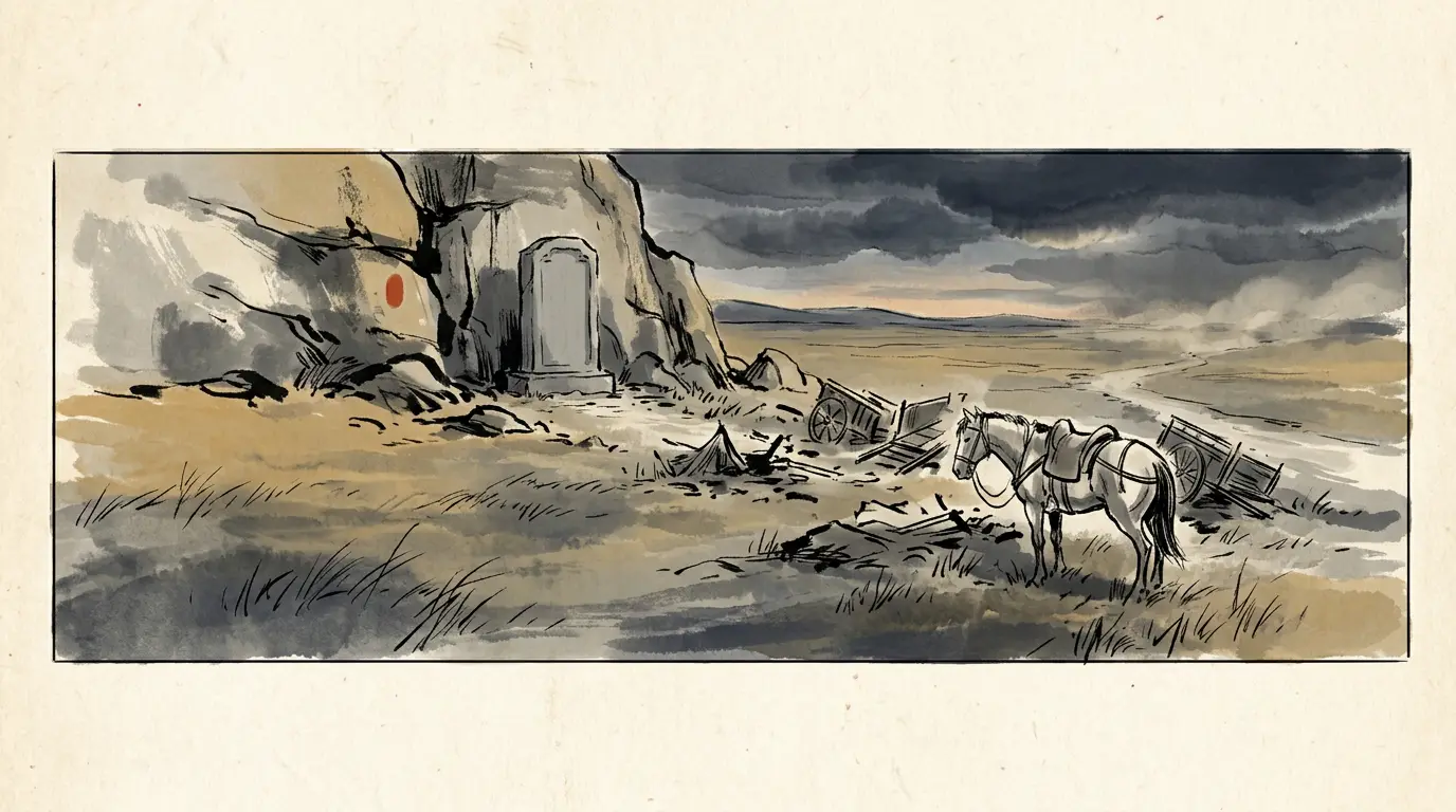 Panel 18: Two stones stood at the end of it. The victory stele at the Yanran Mountain kept its words and lost the house that raised it: Dou Xian fell in 92, and Ban Gu, who had written the inscription and served in his staff, died in the Luoyang gaol the same year. And the road west, lost in 107, was picked up again by Ban Chao's son.