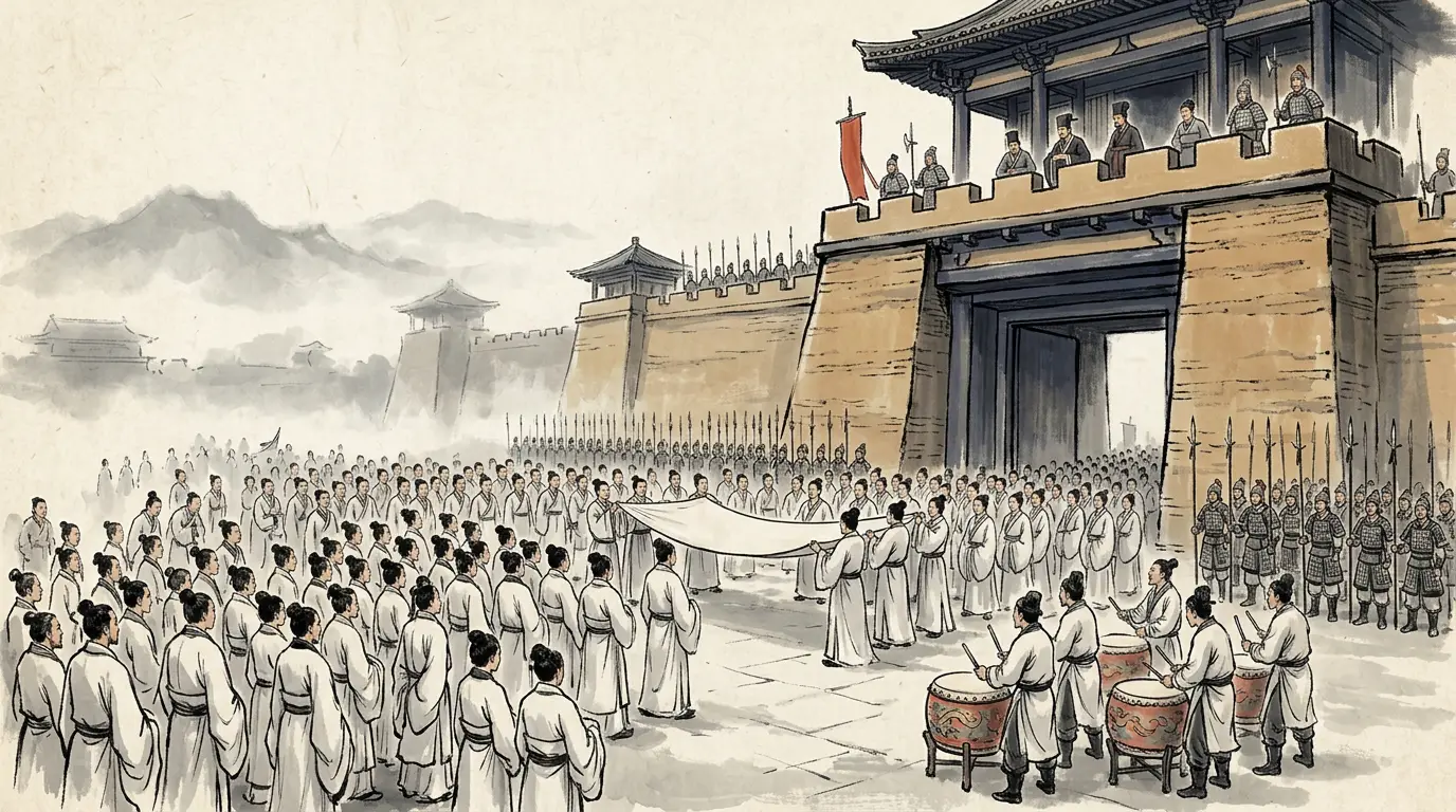 A crowd of white-robed university students before the rammed-earth gate of Luoyang holding up a list of names on a silk scroll, armored eunuch-scribes watching from the gate platform, 166 CE