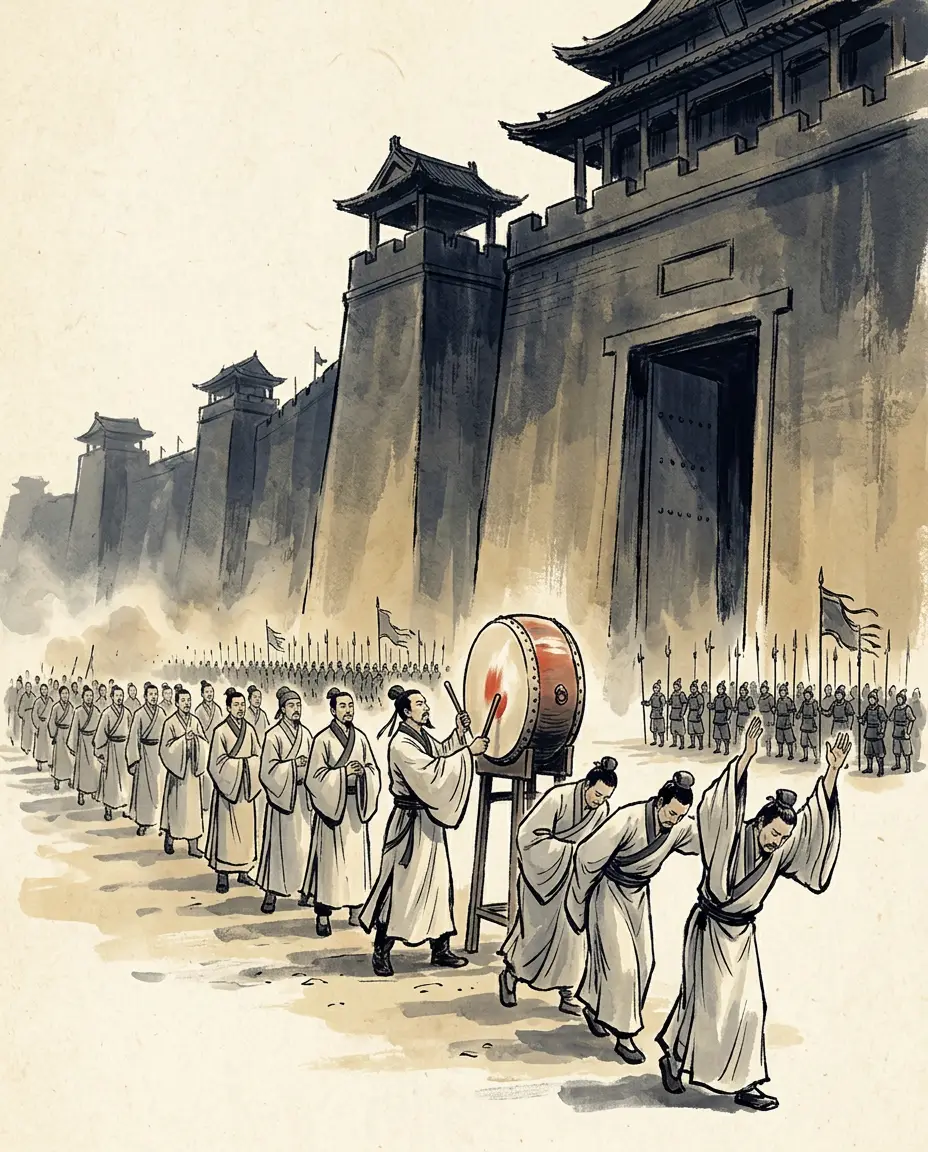 Panel 02: It began with the university in motion: students in white robes walking to the court's gate, beating drums, asking for an audience, and saying the dangerous thing out loud — that the men being arrested were the empire's good name, and the men arresting them were its disease.