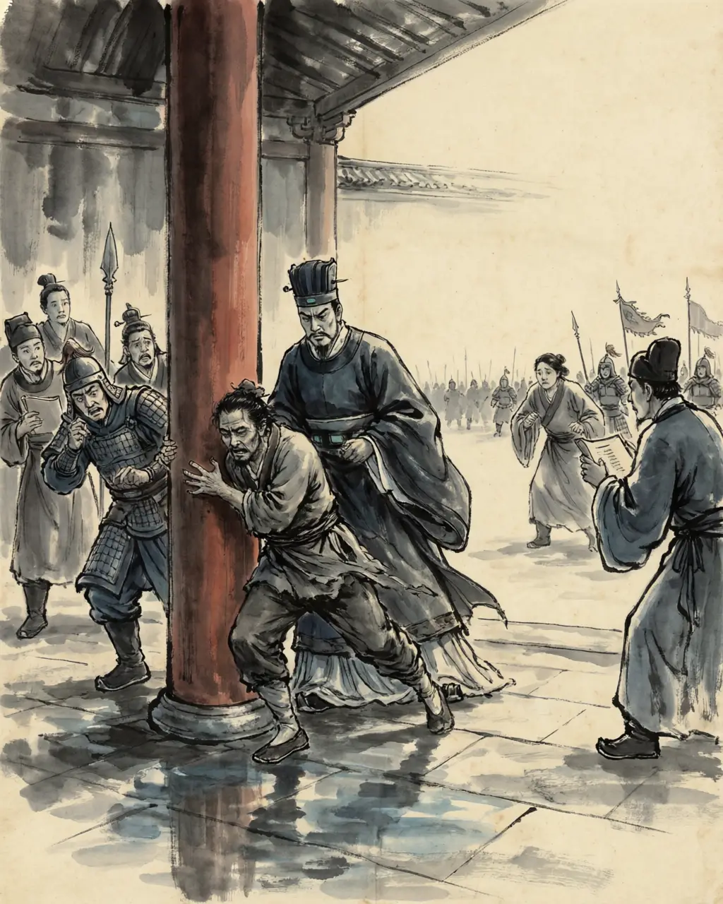 Panel 04: The quarrel turned violent in the provinces. In Nanyang the governor Cheng Jin, at the urging of his auditor Cen Ye, killed a criminal who had run to the protection of the palace; another governor in the north killed a man of the eunuchs' household when the arrest came. The eunuchs' answer was the one they always had: the men are a faction, and the faction is treason.