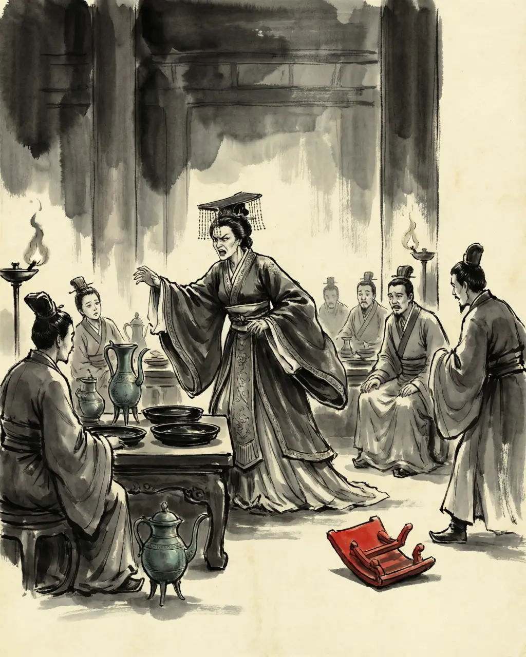 Panel 07: The empress-dowager Dou would not carry the odium of the jail: she spoke for the prisoners at every banquet until the emperor could not meet her face, and at the last she left the hall in anger and made it known she would leave the palace altogether. The prisoners went home under a sentence worse than death — their names on the proscription roll, and their lives under a bolt.