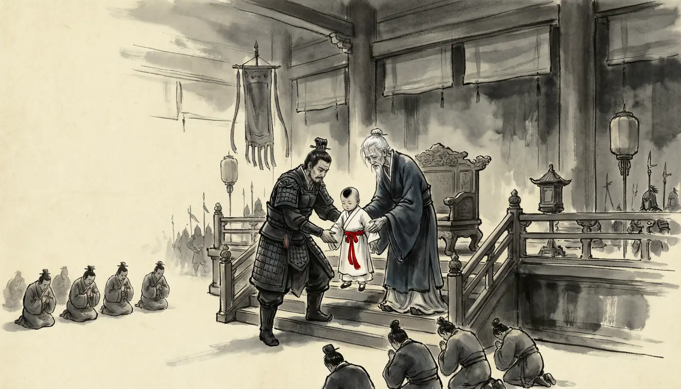 Panel 08: In early 168 the emperor died without a son, and for one season the party's friends stood at the gate of the palace itself. Dou Wu as regent and Chen Fan as Grand Tutor chose the new emperor out of the possible princes for being simple and young — a boy whose government the two old men could run — and their first move was against the inner court.