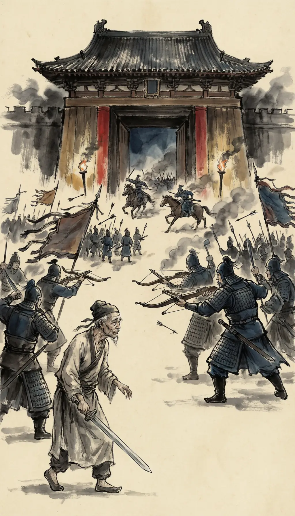 Panel 09: The regency leaked. The eunuchs swore the guard to the emperor rather than the regent, bought the officers at the gates with the titles they could give and the regent could not, and the palace's soldiers went over one by one until the regent's men were facing their own old comrades. Chen Fan, old and untrained to arms, led his officers at the gate with a sword he had never used, and was taken there; the regent's men broke, and he was cut down outside the northern gate.