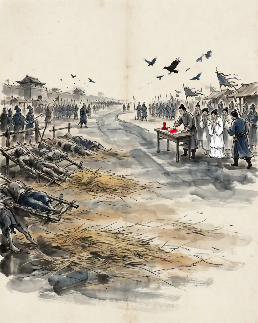 Panel 10: After the dead regent came the accusers' settlement. The bodies of Dou Wu and Chen Fan were exposed in the market, their kin exiled to the garrisons of the north, their guests and dependents scattered; the eunuch lords wrote the names of their personal enemies into the case, and the empire hunted them at the wall-writings of a palace office. The party was not finished; it was only beginning to be a list.