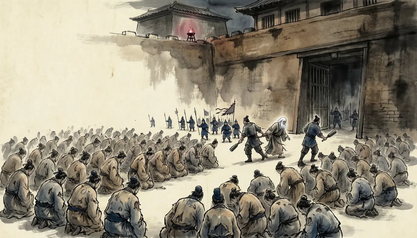 Panel 11: In 169 the bolt snapped shut for good. A case was forged in the palace against Li Ying and Du Mi — the old crime of keeping students and calling one another by name — and this time the boy emperor asked his ministers what the party's crime was, and was answered: they confederated, and they slandered the court. That was the whole rule — whoever moved with them, was of them. Li Ying died in prison with his house attainted; of those swept up with him, the history gives a number it is careful about: six or seven hundred dead, transported, or struck from the registers.