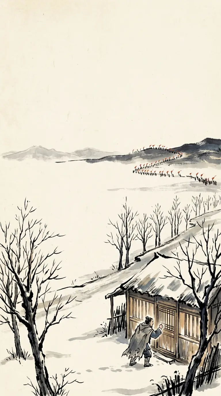 Panel 13: One name the palace could not catch. Zhang Jian had opened the whole business by accusing the great eunuch Hou Lan's house in his own commandery of the crimes the memoirs list; now he fled, and the empire did a thing no law could punish: every door he reached, he stopped at and asked lodging, and every door took him in. The histories' five words for it became the age's confession — look at a door, throw yourself at it.