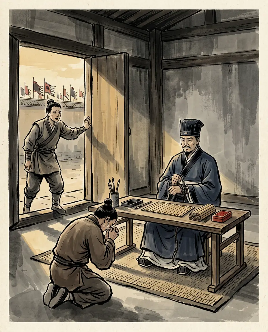 Panel 14: Du Mi's answer was the other half of the code. The order to arrest him reached his own commandery while he sat at his office, and men came to urge him to run to Zhang Jian's road. He would not: the law had made breaking one's house to shelter the proscribed the crime; a gentleman made fleeing it a second one. He bound himself and waited for the escort.