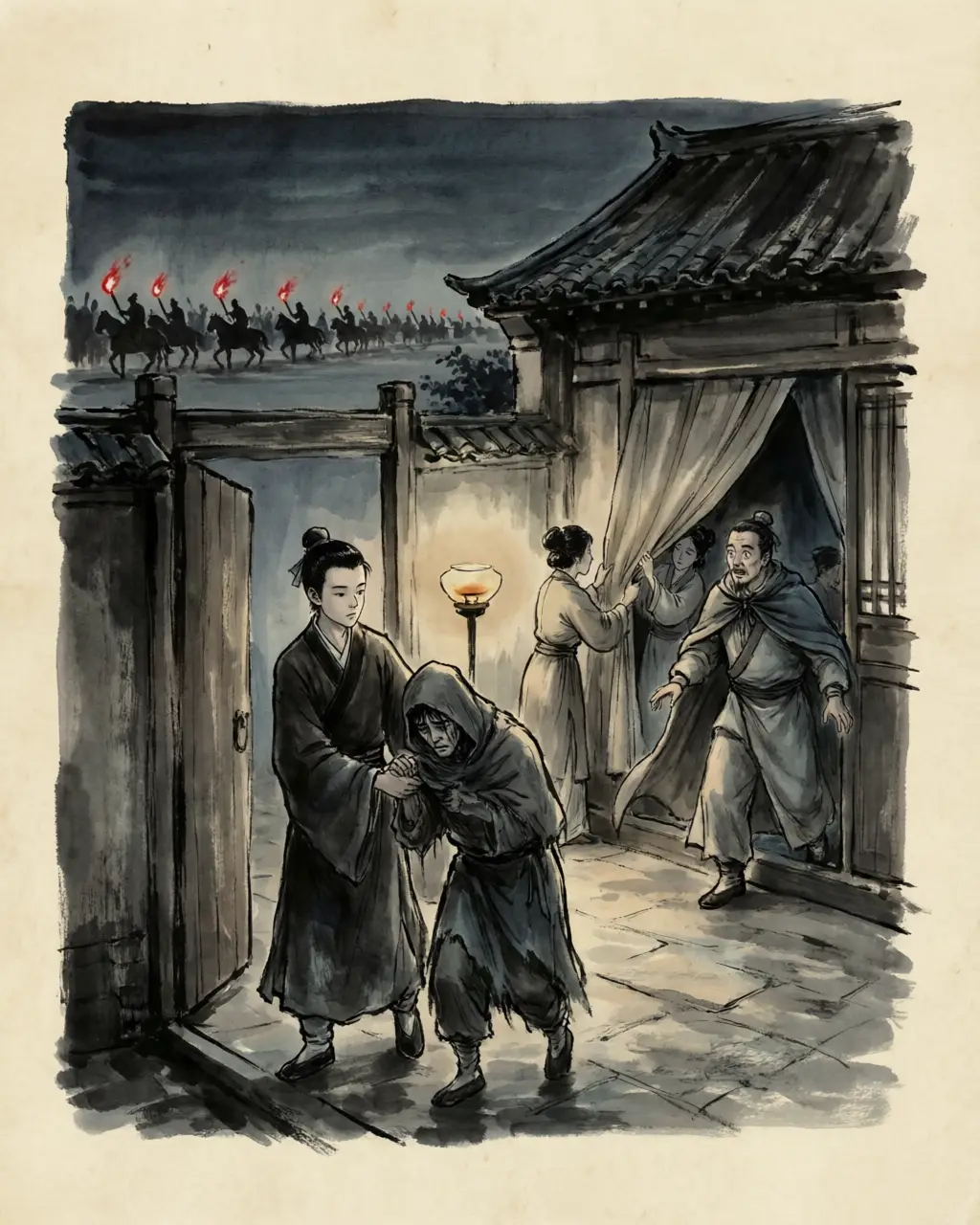 Panel 15: One of those doors had a name. Zhang Jian came at last to the Kong house at Queshan, seeking the elder brother Kong Bao; Bao was away, so the younger, Kong Rong, sixteen years old, let his brother's guest in and lodged him. When the keeping was found out, the family stood in a row to take the blame — the younger said he had decided it, the elder said he had been the head of the house, and the mother said she had not been there to stop them. The court settled the guilt on Kong Bao, and he died.