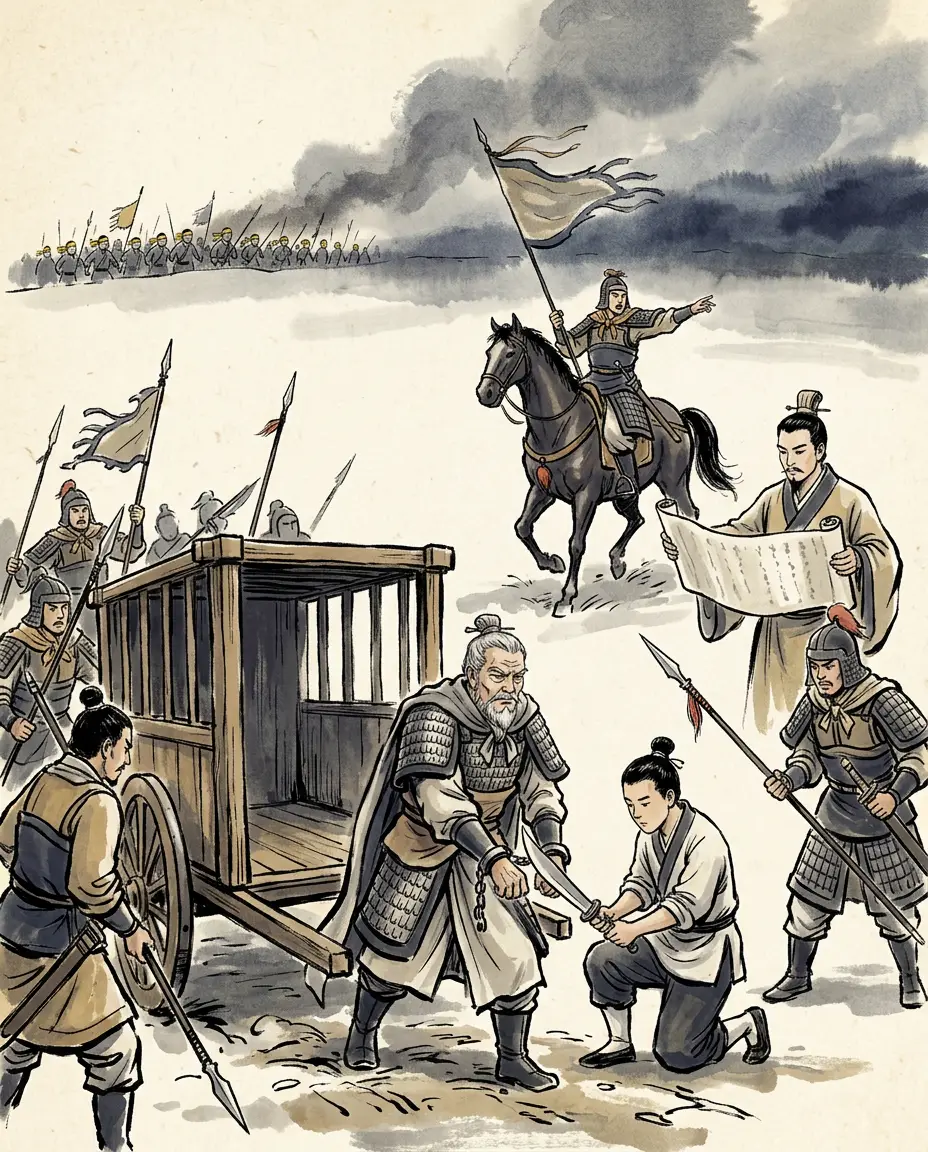 Panel 17: The bolt held seventeen years, and it was not virtue that drew it. In 184 the empire caught fire at once in the eastern provinces, and the court found it could not fight a war and outlaw its best military families in the same breath. The man who said it plainly was a eunuch of the inner court, Lü Qiang: leave these men unblessed much longer, he warned the emperor, and they will join Zhang Jue without a second thought. The prohibitions fell.