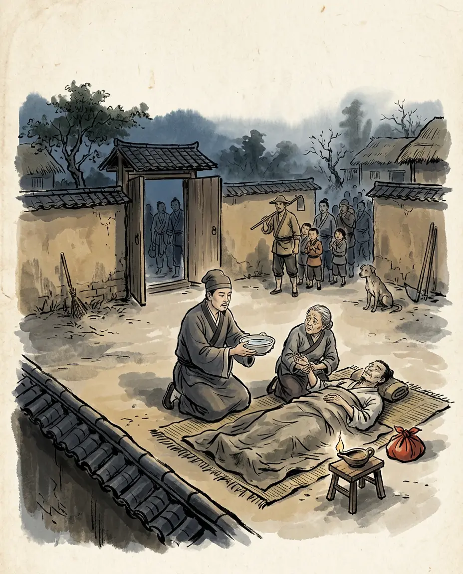 Panel 02: Zhang Jue came from Julu, a commandery of Ji province on the plain east of the Taihang mountains. He took up the way called Great Peace and worked among the sick with water given a talisman and a recited formula, and with one rule: the patient must kneel first and put his faults on the record.