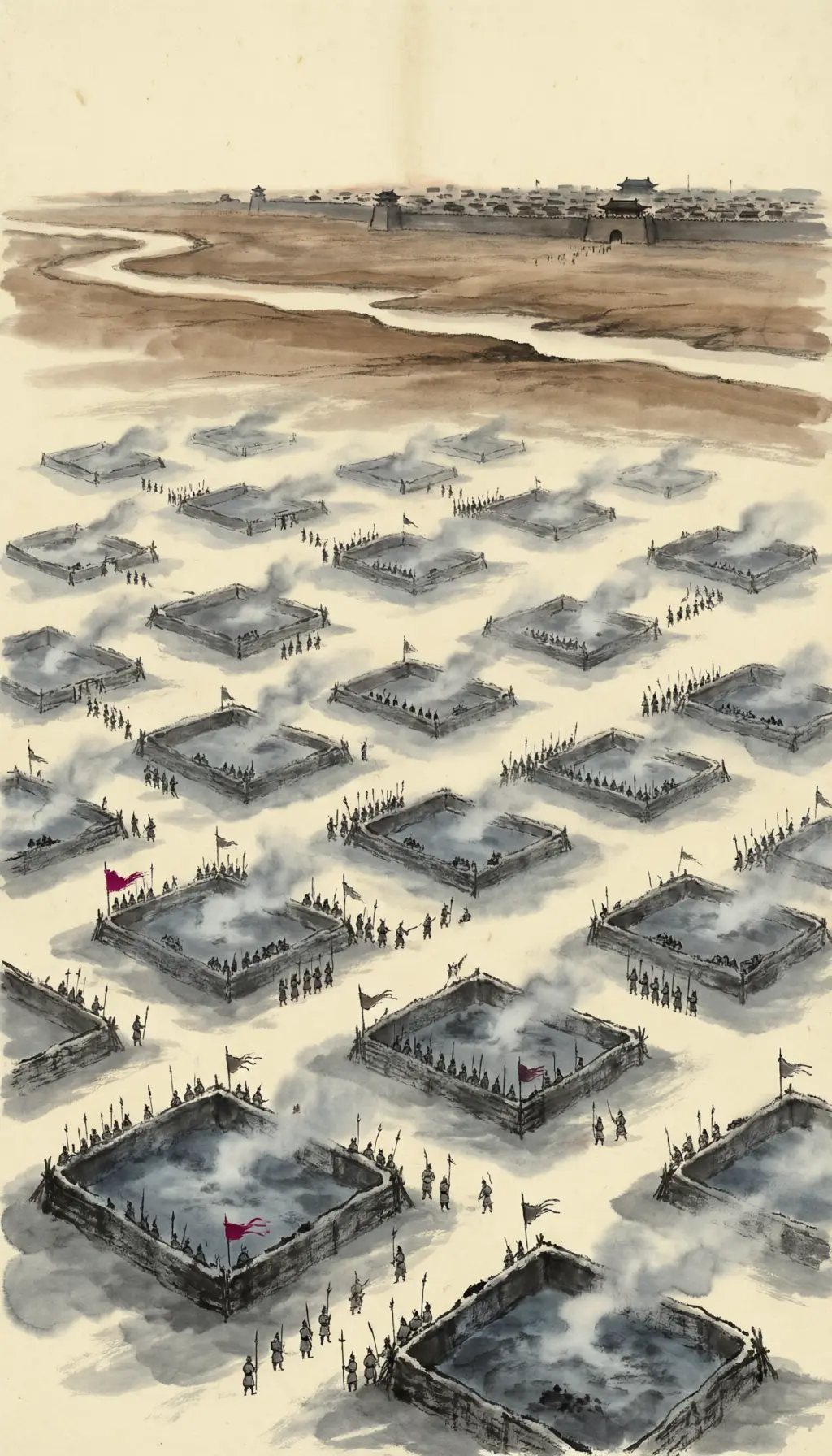 Panel 03: For twelve years he sent disciples out in all directions, and the way spread through eight of the empire's provinces. Then he enrolled what he had gathered: thirty-six battalions, the great ones ten thousand men and above, the lesser six or seven thousand, each with its chief.